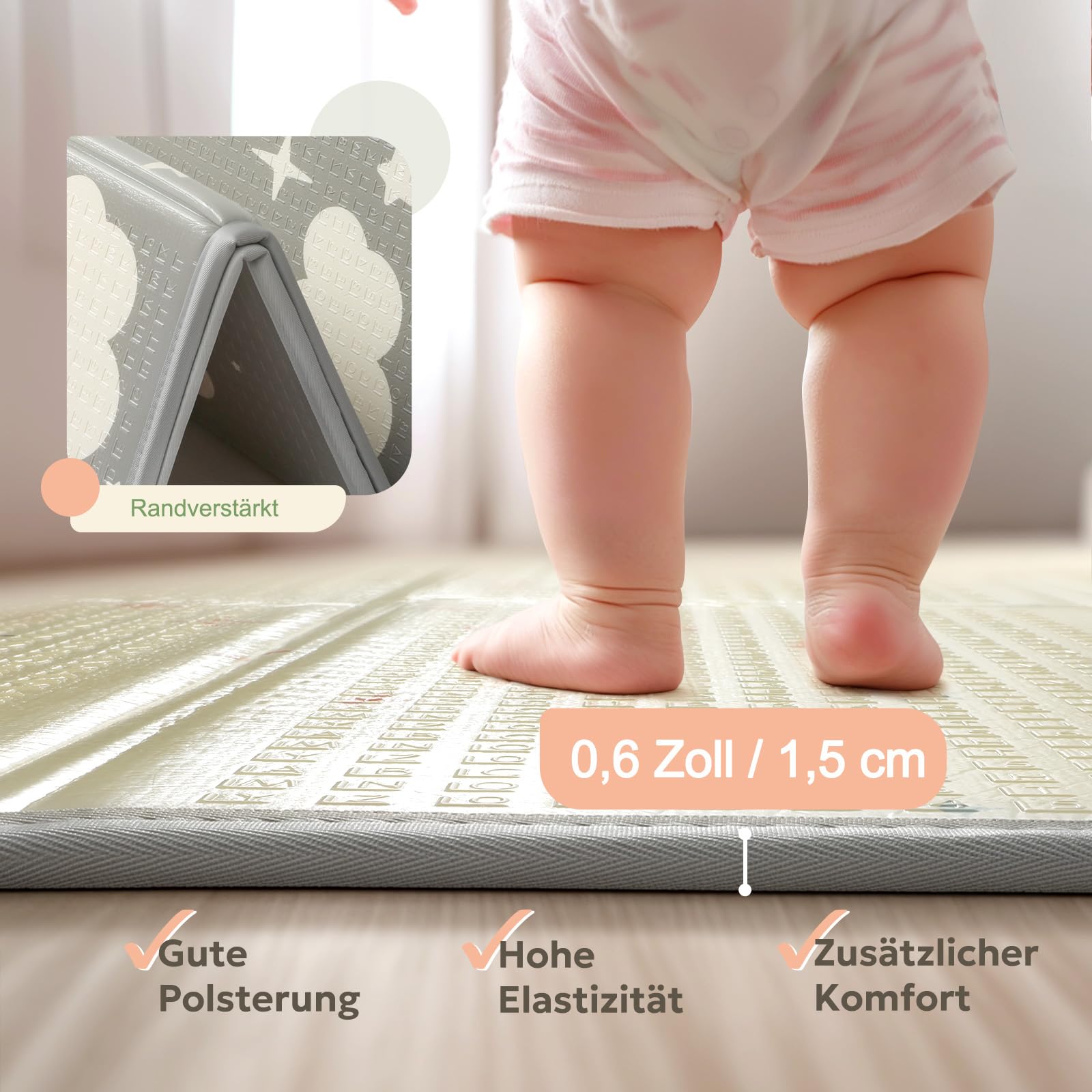 Mallify Krabbelmatte 180x200x1,5cm für Baby, Faltbar & Schadstofffrei, Beidseitig Verwendbare Spielmatte mit Kantenschutz, Kinderzimmer Spielteppich Play Mat, Tragbar & Wasserdicht für Innen & Outdoor