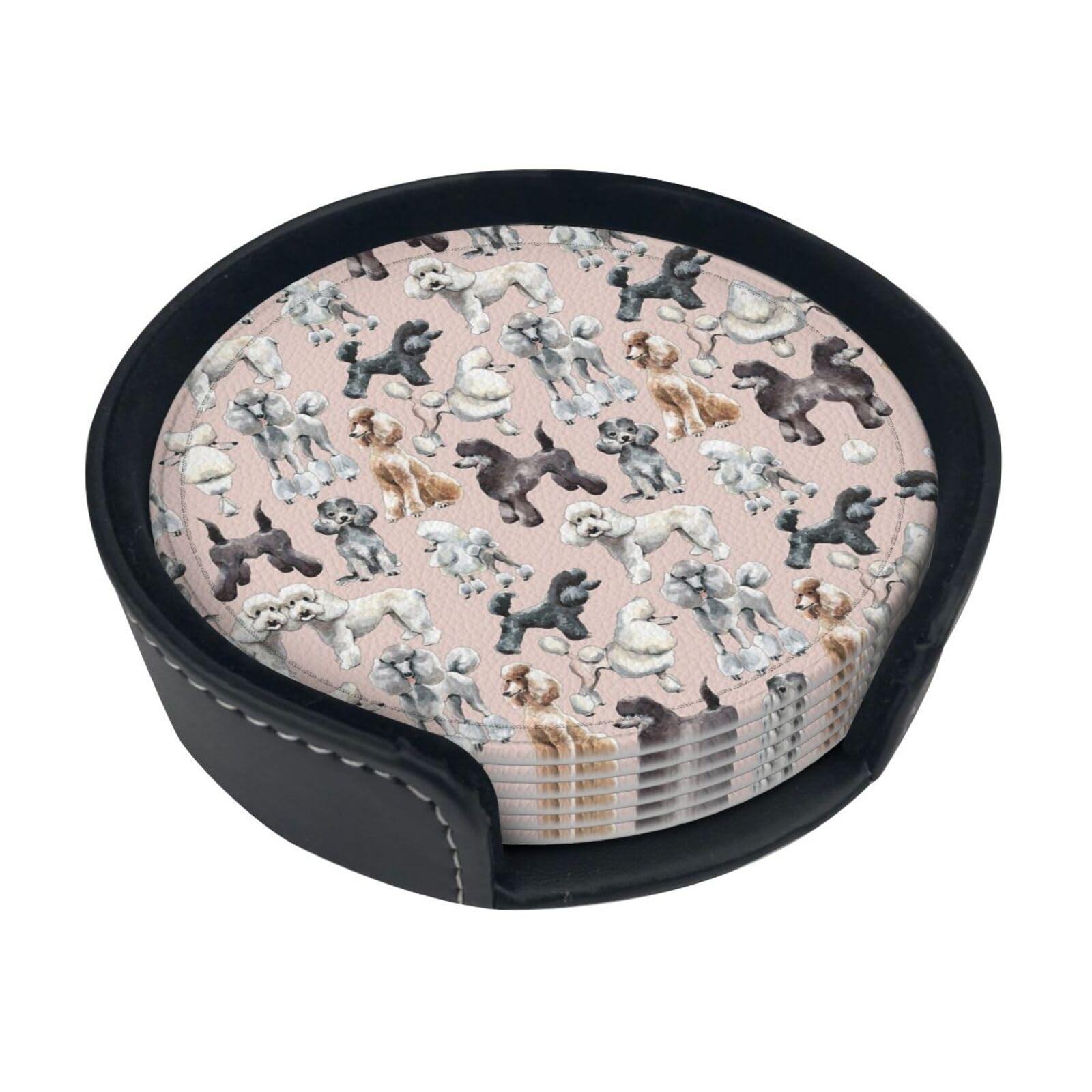Oodles Of Poodles Printed Circular Leather Coaster Adds An Artistic Touch To Any Desktop