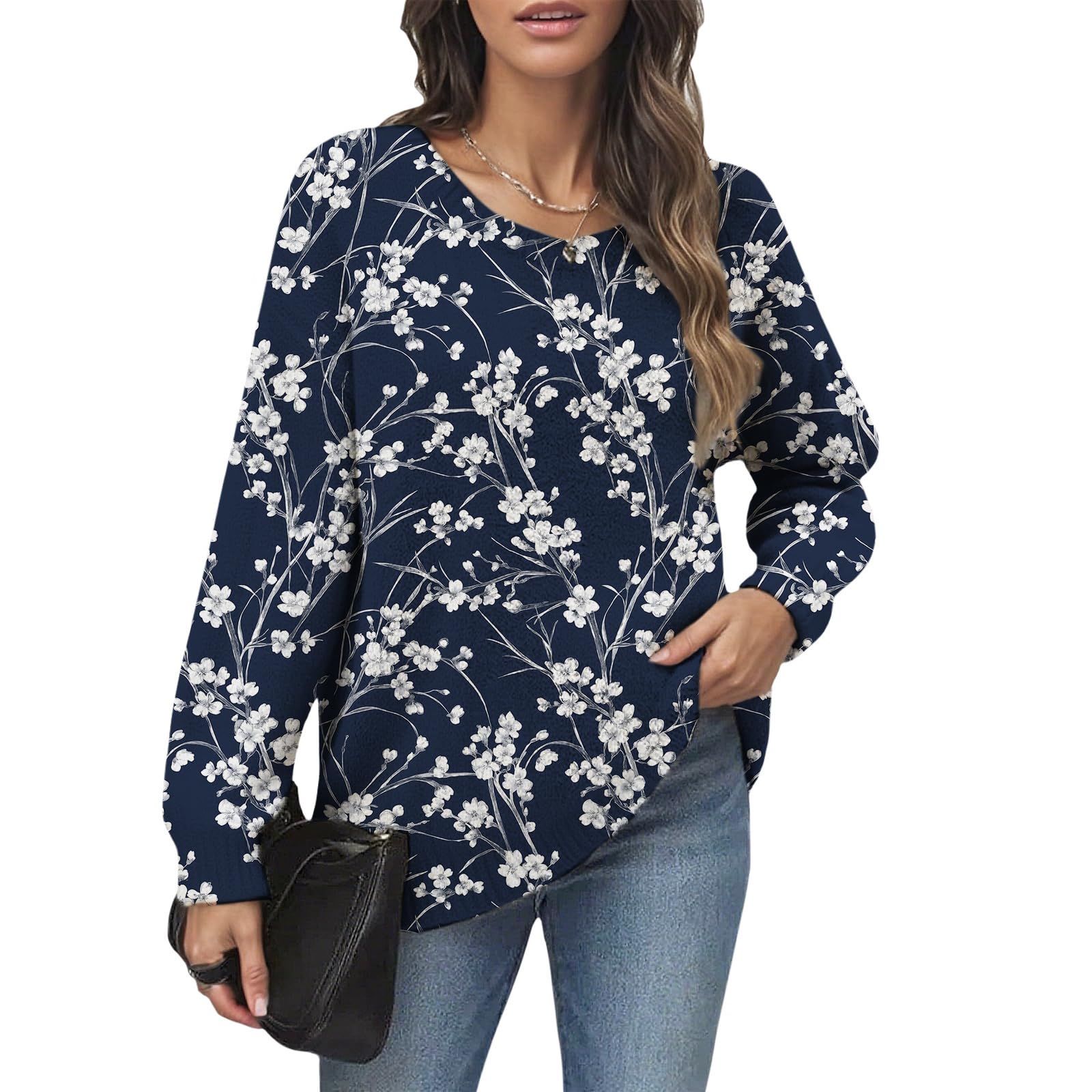 Floral Print Sweaters for Women Long Sleeve Crewneck Loose Fit Casual Sweater Trendy Pullover Sweaters Fall Knit Tops