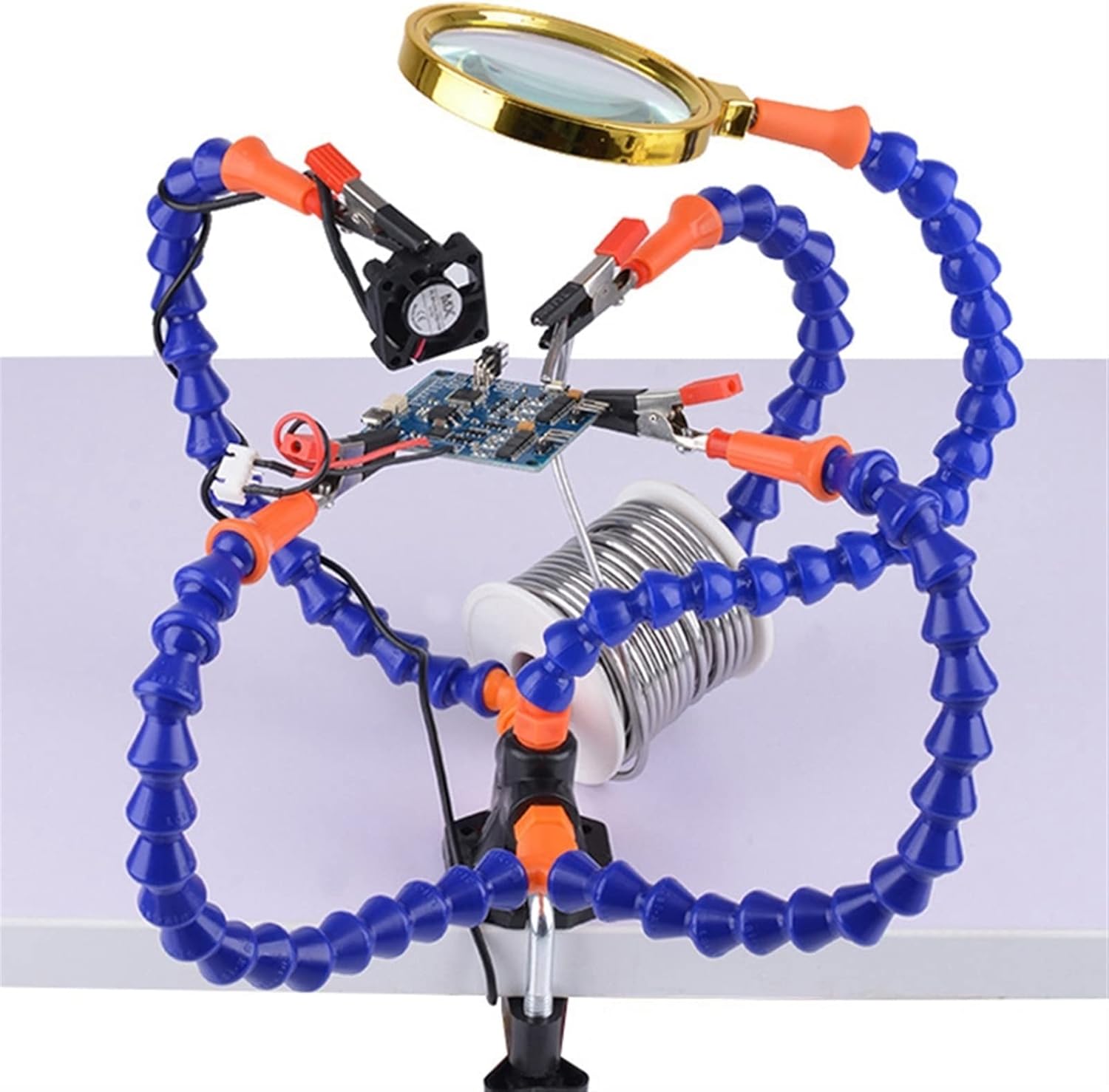 4-Inch 4-Jaw Self-Centering Chuck Set Bench Vise Table Clamp Soldering Station with 5Pc Flexible Arms Soldering Iron Holder PCB Welding Repair Third Hand Tool with 1-Inch x 8TPI Thread