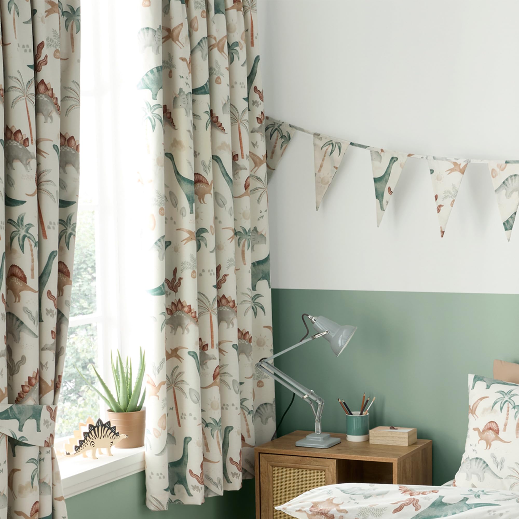 Happy Linen Company Girls Boys Kids Scandi Saurus Dinosaur Ivory 66 x 54 Ring Track Pole Fully Lined Thermal Blackout Pencil Pleat Curtain Set