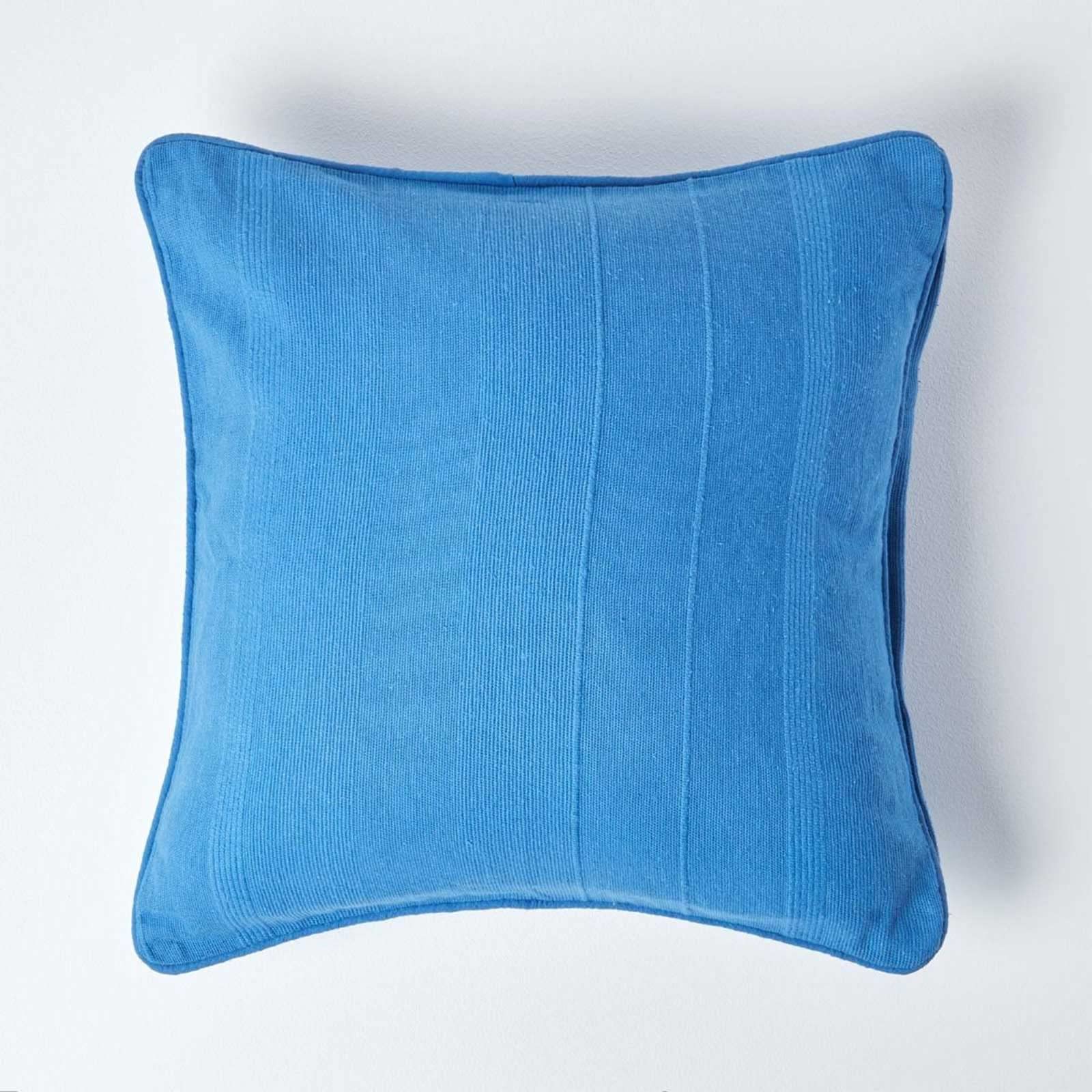Homescapes Blue Rajput Ribbed Cushion Cover 24 X 24 Inches (60 X 60Cm) 100% Cotton Coordinating With Rajput Throws And Curtains Easy Care Washable At Home