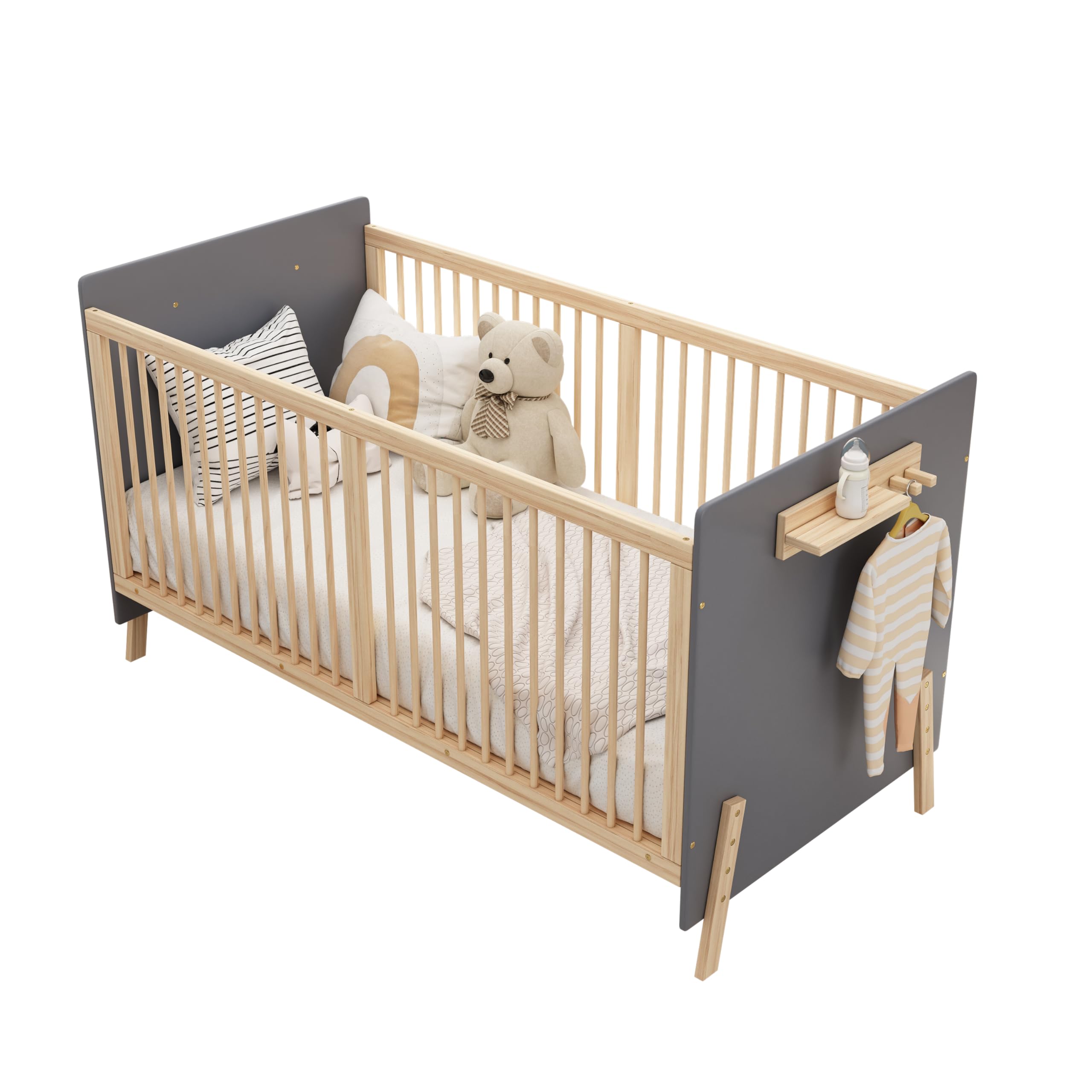 SUKY Verstellbares Massivholz Babybett, mit DREI-stufiger Höhenverstellung, umweltfreundliche Lackierung, als Anschlussbett/Sofabett nutzbar, ohne Matratze, Blaugrau + Naturholzfarbe, 140 * 70 * 86cm