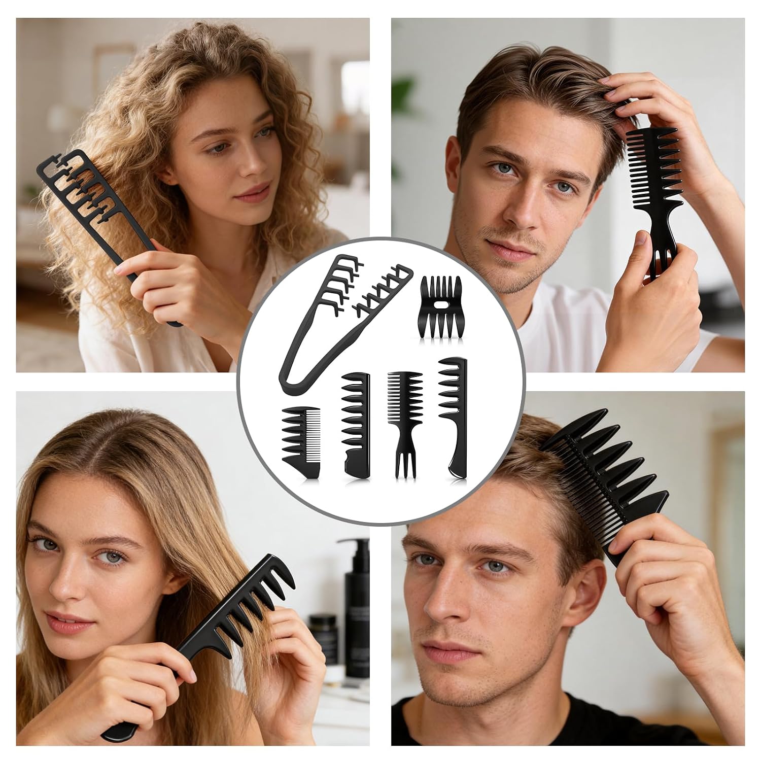 6PCS Texture Comb Wide Tooth Styling Combs for Women Men, Volumizing Texturizing Hair Comb Set for Volume Fringe Parting, ABS Plastic Barber Tool for Quiff Pompadour Slick Back