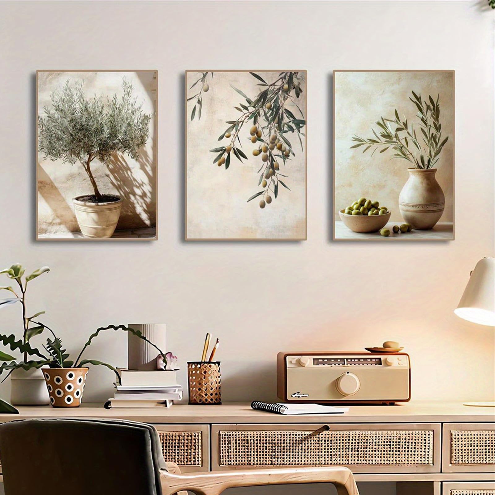 Set di 3 poster a tema ulivo con piante mediterranee, decorazione da parete bohémien, decorazione moderna per soggiorno e camera da letto, immagini senza cornice