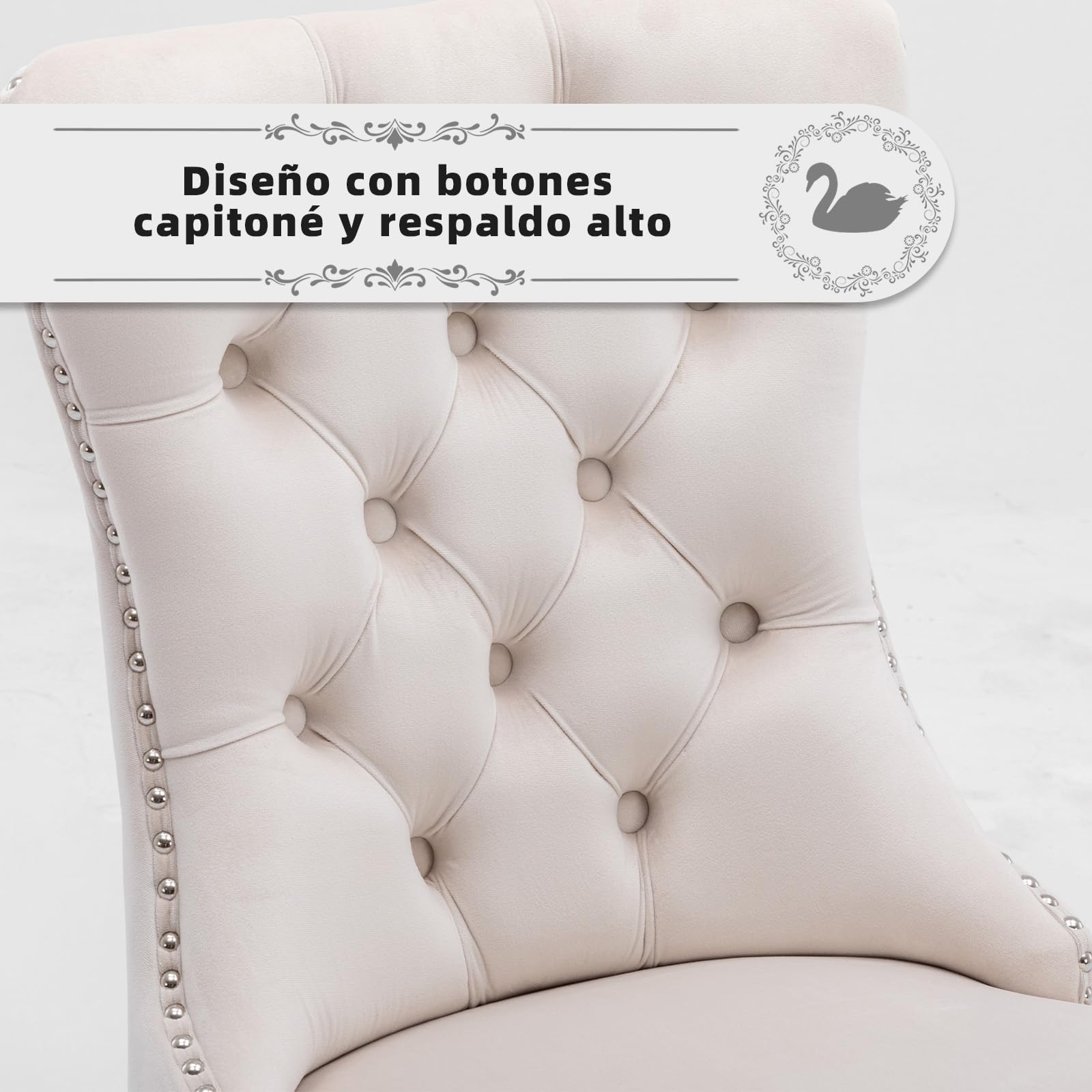 Sillas de Comedor Tapizadas en Terciopelo, Estilo Moderno, Silla de Cocina con Tachuelas y Anilla Metálica, Patas de Madera Natural, Juego de 4, Beige