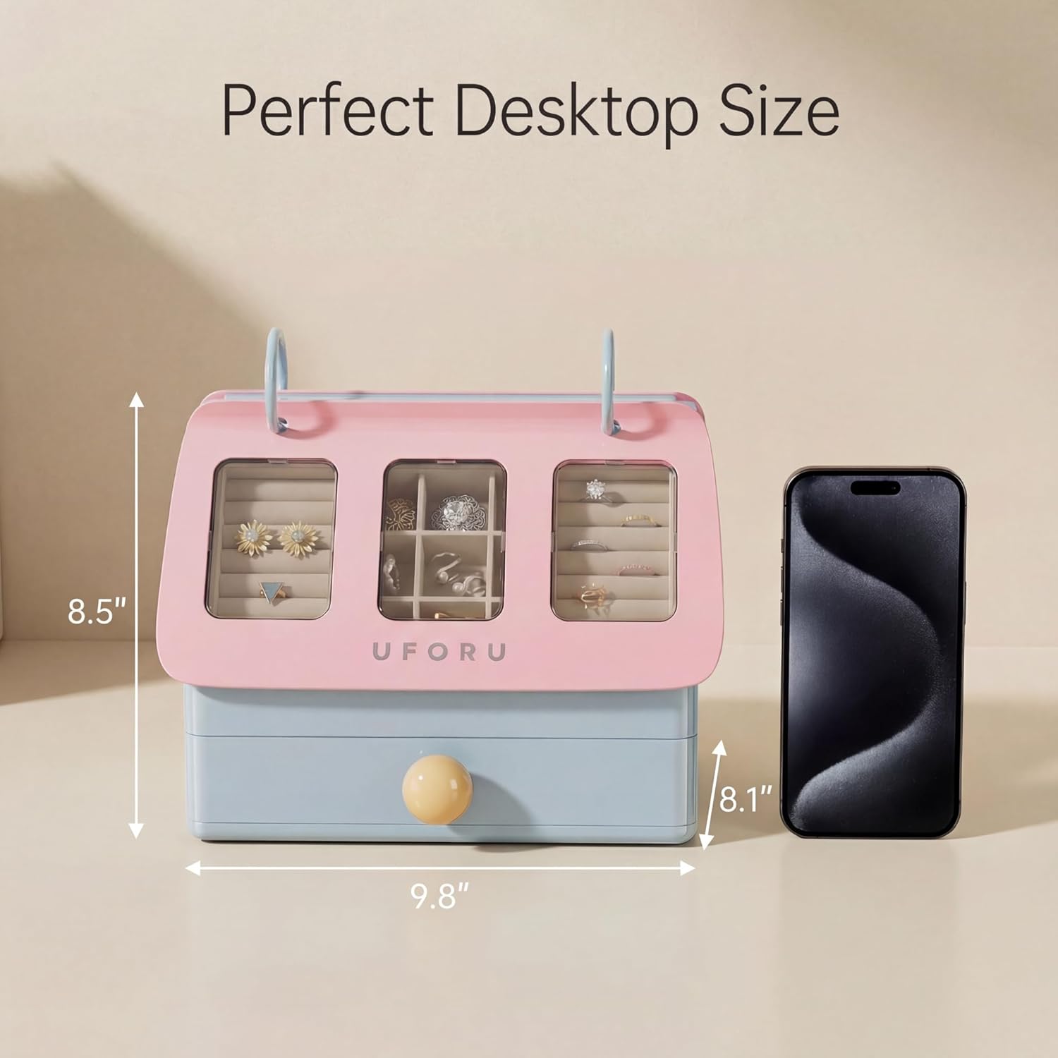 Cute Jewelry Box Organizer for Women Girls, Large House-Shaped Display Case with Clear Lid, 3-Layer Velvet Storage for Earrings Rings Necklaces, Aesthetic Room Decor Gift (Mint Sorbet)