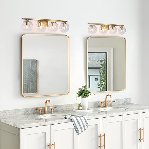 Miniatura 3 de KSANA Lámparas de baño doradas, modernas lámparas de tocador de baño sobre espejo, 4 luces de baño con pantallas de cristal transparente y brazo