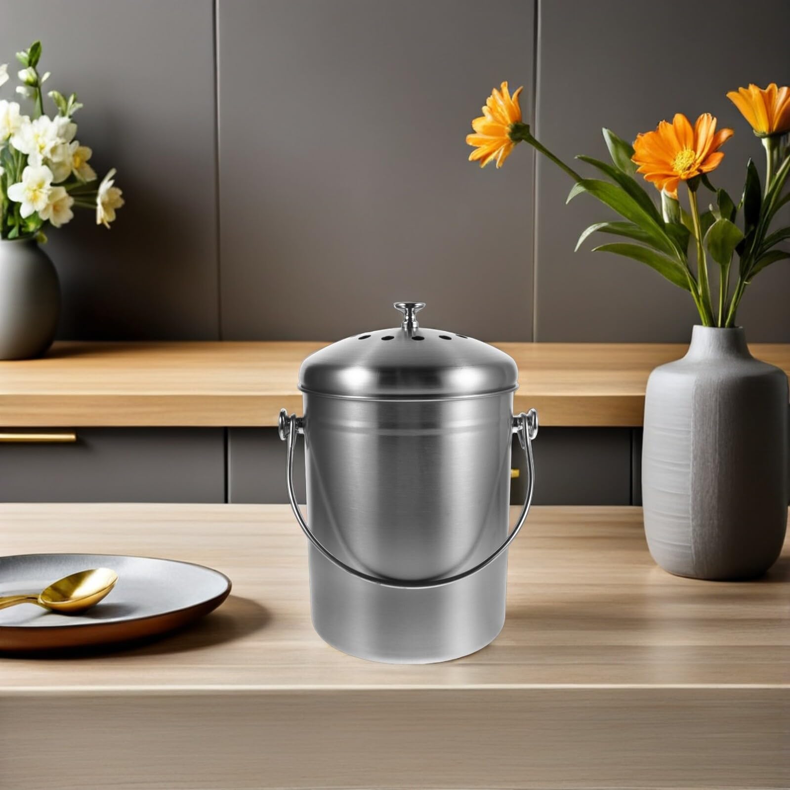 SOLUSTRE Kompostbehälter aus Edelstahl 5l mit Geruchsschutzdeckel und Aktivkohlefilter für Küche Platzsparender Biomülleimer für Lebensmittel und Gemüseabfälle