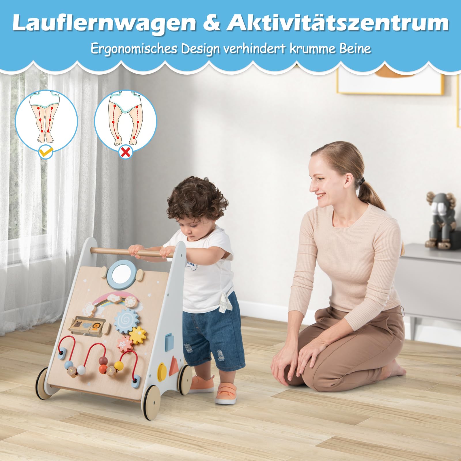 GOPLUS Stabile Lauflernhilfe aus Holz, Multifunktionaler Lauflernwagen mit mehreren Spieleinstellungen & Ablage, Lernspielzeug Gehhilfe mit Gummirädern & Griff, für Kinder ab 3 Jahren Alt (Modell 4)