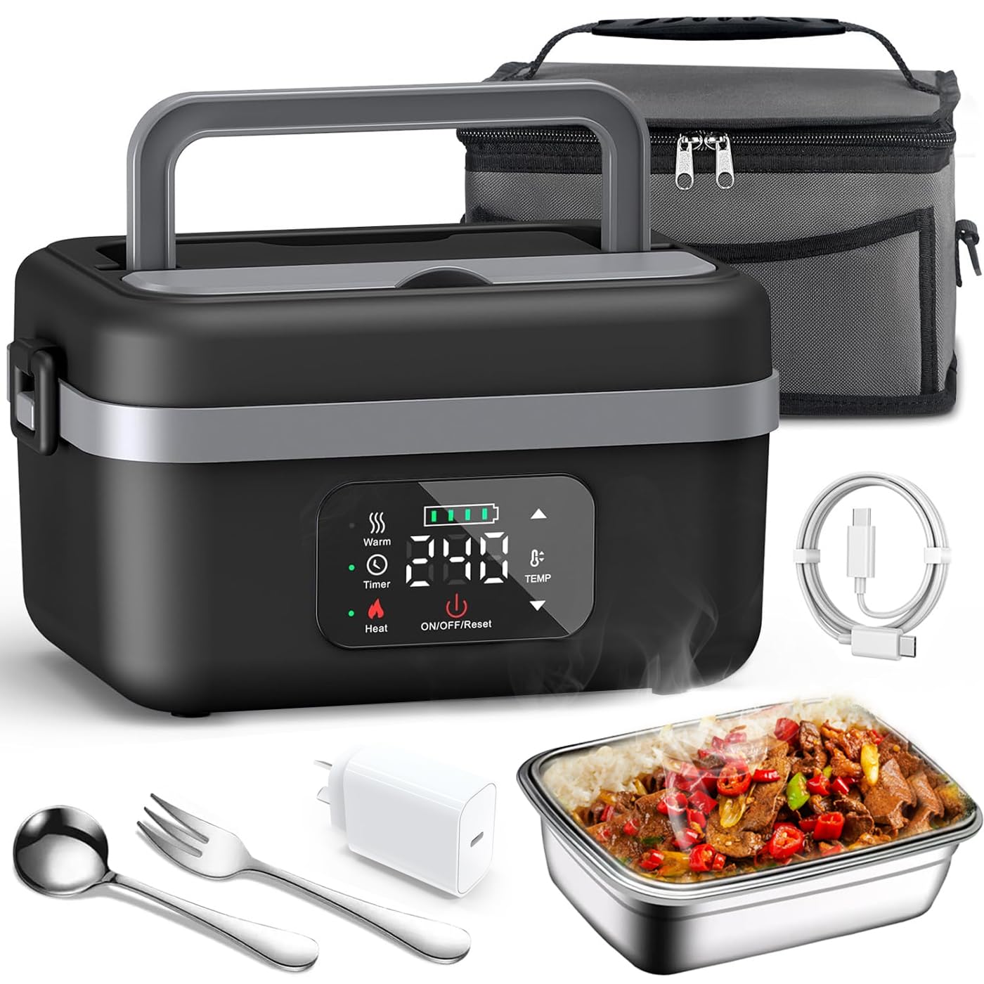 Cordless Electric Lunch Box, 1L Rechargeable Heated Lunch Box with Fork Spoon Carry Bag, Waterless Heating, Stainless Steel Self-Heating Food Warmer for Indoor Outdoor Work Office black