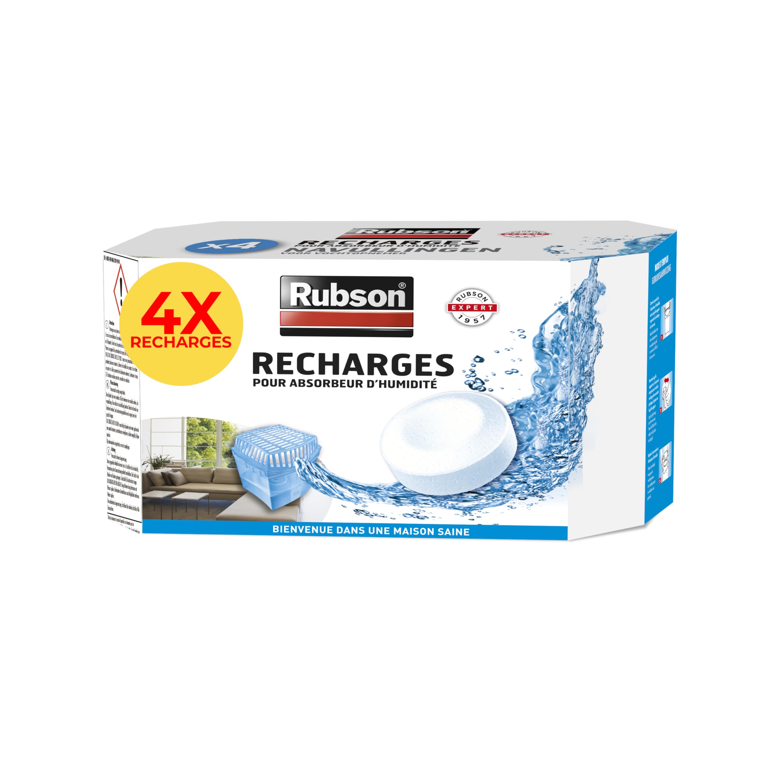 Rubson – 4 recharges parfum neutre pour absorbeur d'humidité Basic – anti-​humidité et anti-​odeur – Lot de 4 recharges ultra absorbantes