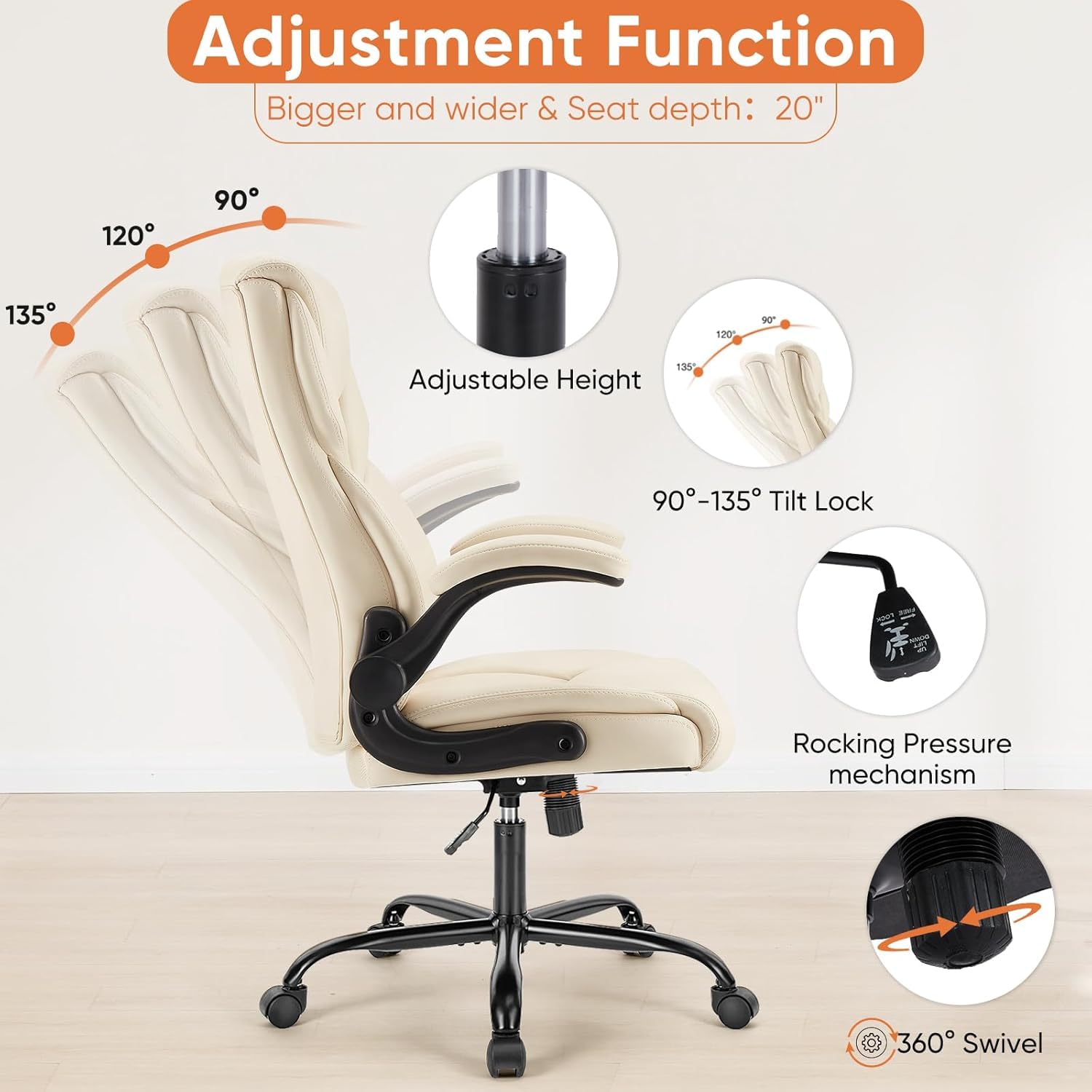 Sweetcrispy Ergonomic Office Chair Heavy Duty Task Desk Chair with Flip-up Arms PU Leather Adjustable Swivel Rolling Chair — view 4