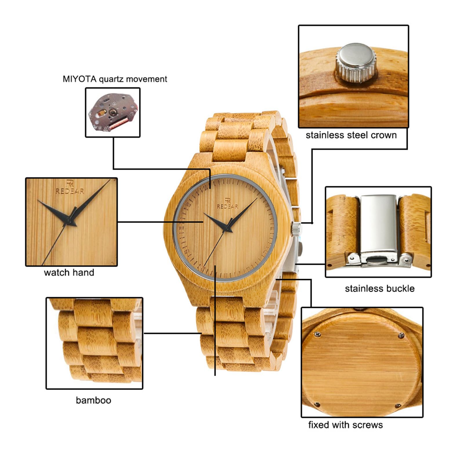 findtime Reloj de madera para hombre, reloj de pulsera de madera de bambú natural, cuarzo, analógico, de madera, sencillo