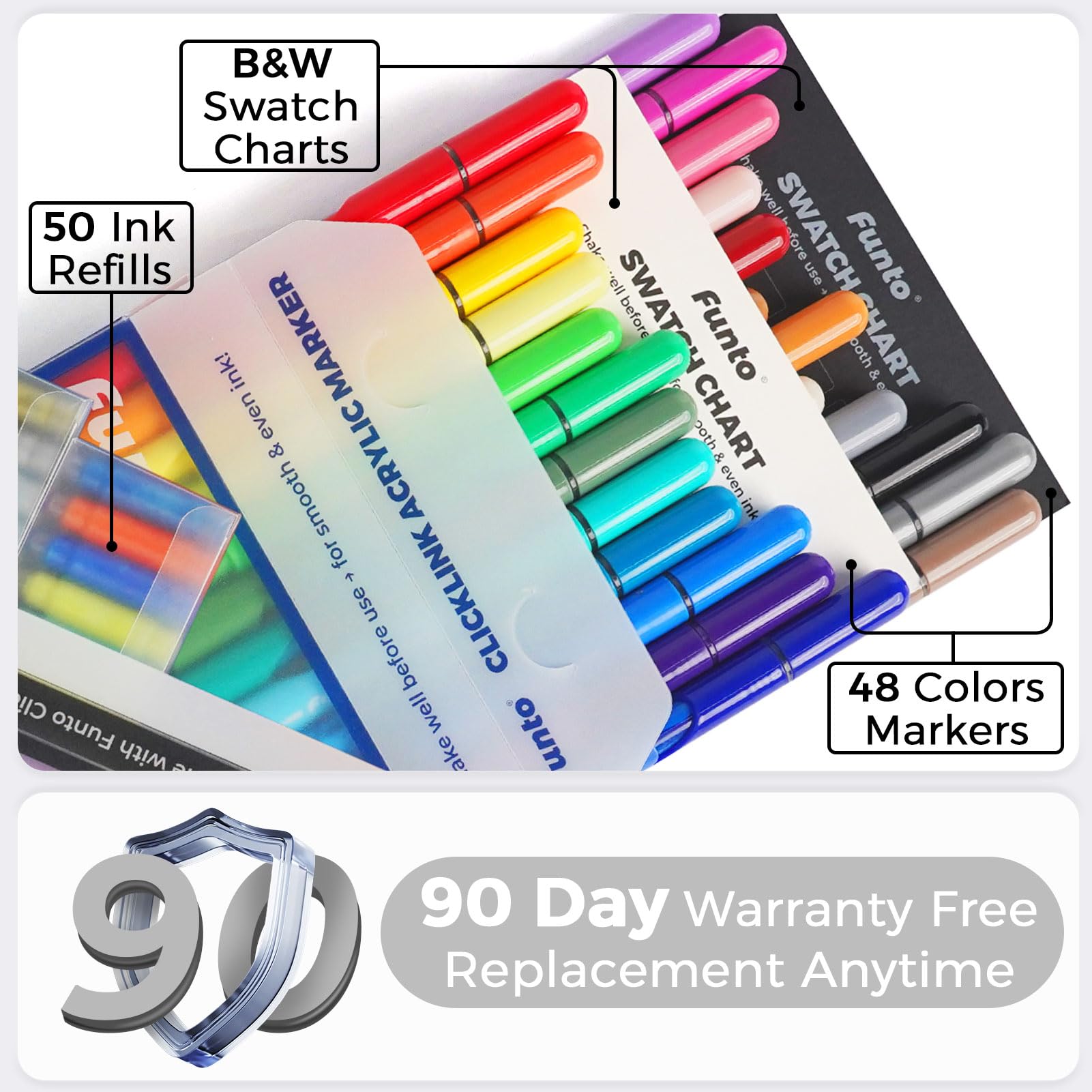 Funto ClickLink Pennarelli Acrilici Ricaricabili, 48 colori & 50 ricariche (set 98 pezzi) con punta pennello – ideali per bricolage DIY, regali festivi su ceramica, vetro, legno