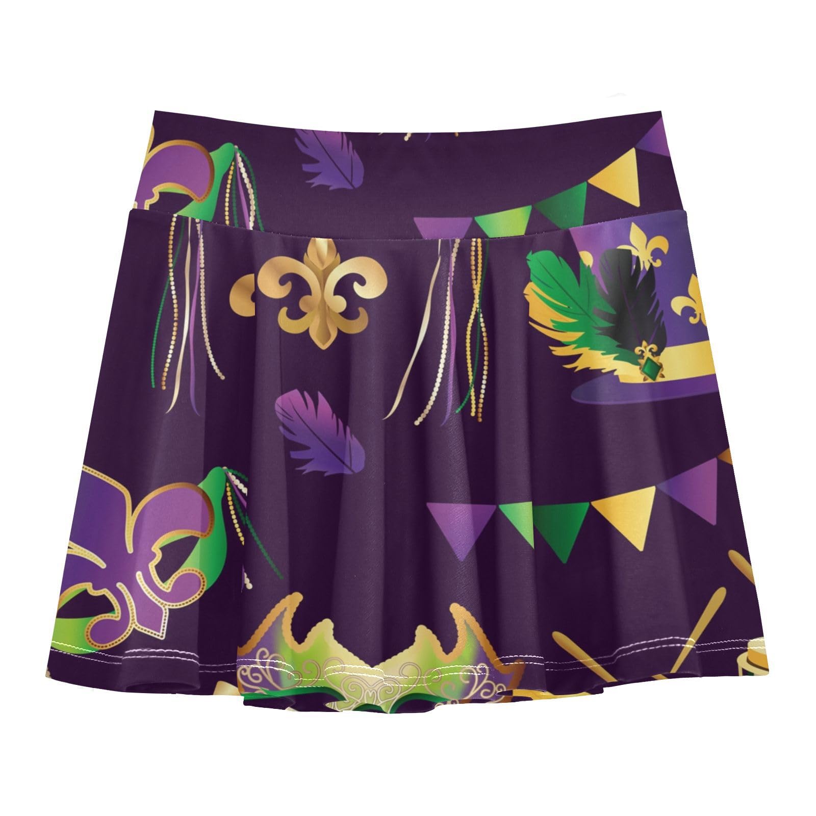 Aflyko Girls Pleated Skater Skirt Carnival Party Fleur De Lis High Waist Cheerleading Dress Dance Skort with Lining Shorts Weekend Date Outfit Short Bottoms, 9-10T Multicoloured