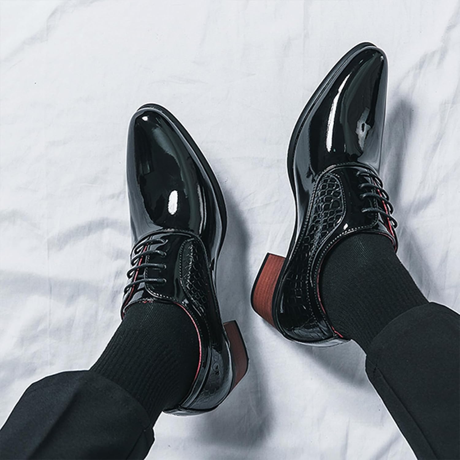 Men's Leather Derby Oxfords Shoes Classic Lace-up Low Top Pointed Toe Embossed Block High Heel Business Wedding Dress Shoes - Image 5