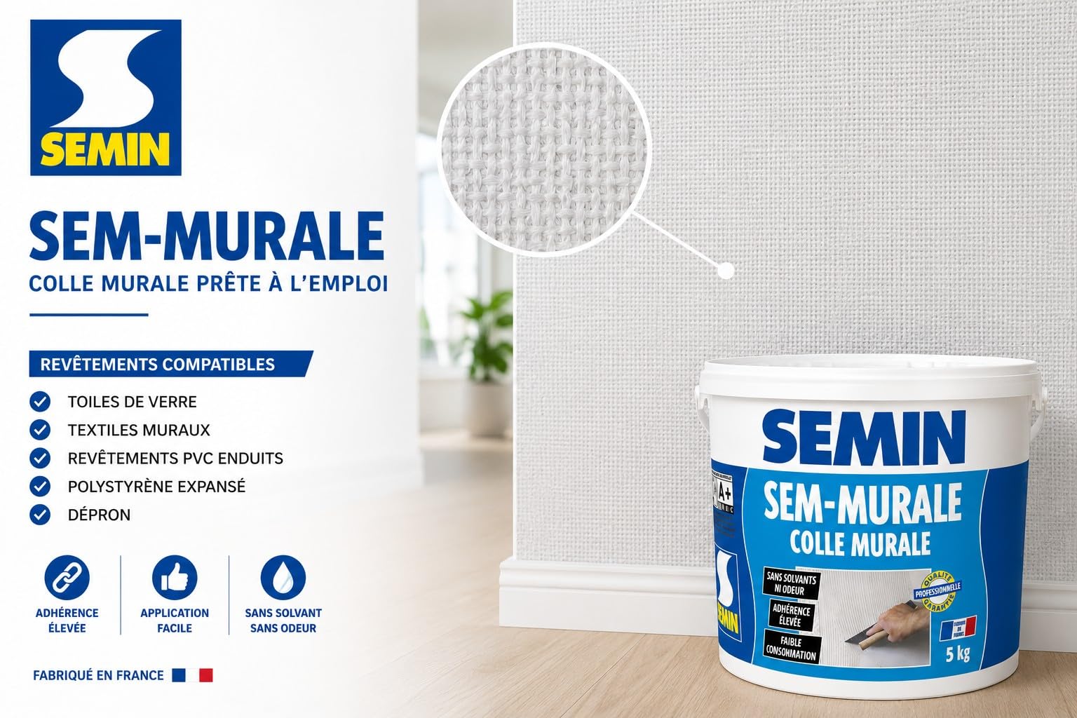 SEMIN Sem-Murale – Colle Toile de Verre & Revêtements Muraux Légers – Prête à l’Emploi – Forte Adhérence – Intérieur Murs & Plafonds – Sans Odeur – 3 seaux de 5 kg