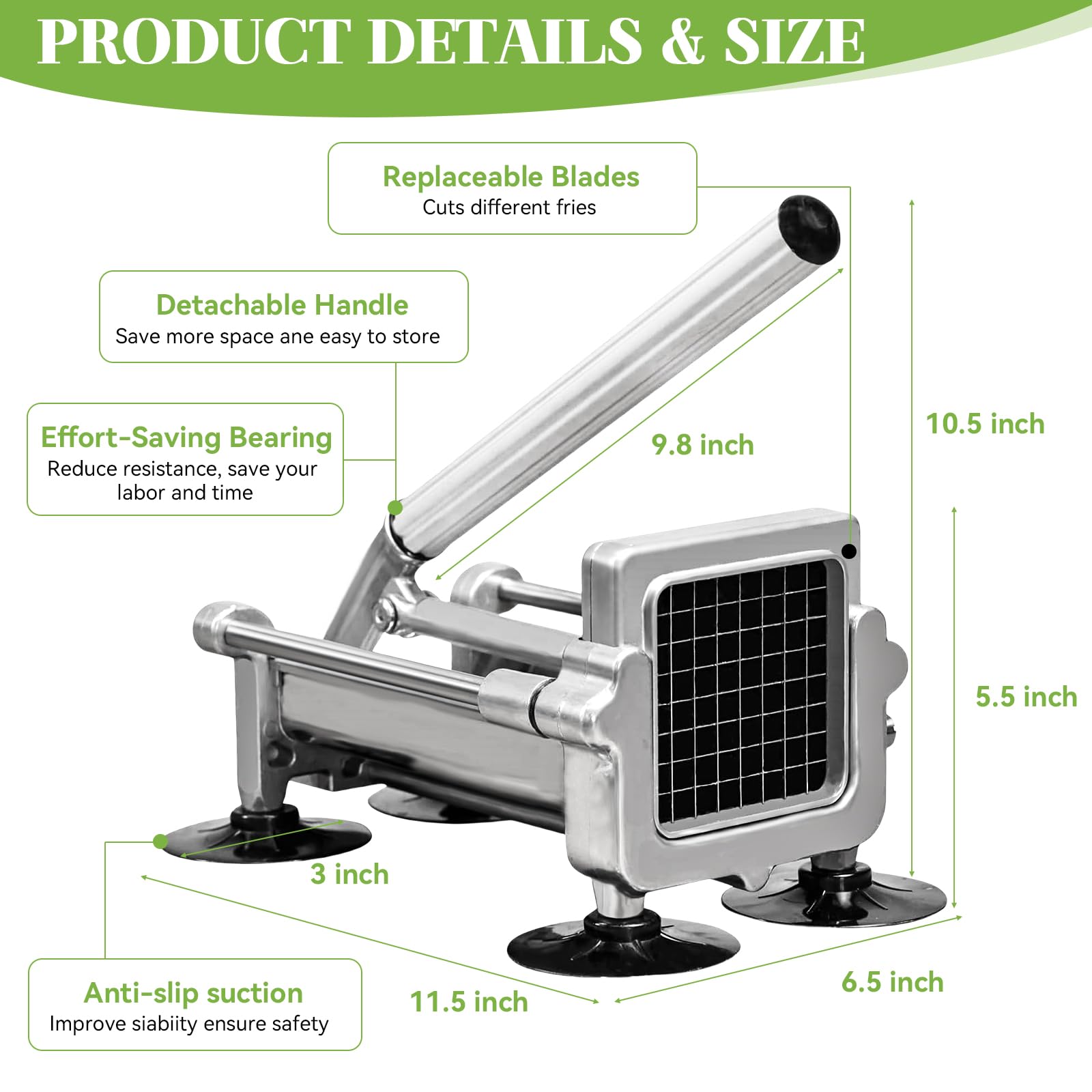 KSIFJRTO Commercial French Fry Cutter | Heavy Duty Potato Slicer With 3/8" & 1/4" Blades | Stainless Steel With Suction Feet