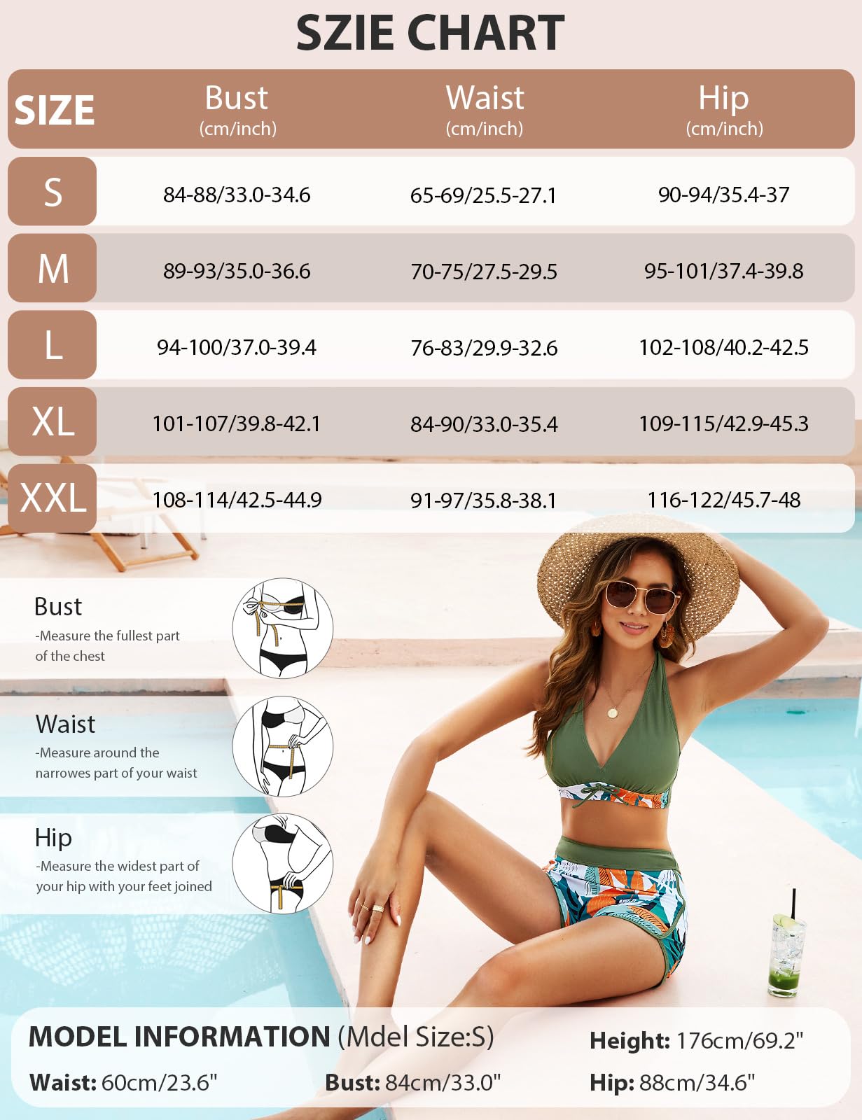 Tuopuda Damskie dwuczęściowe zestawy bikini z głębokim dekoltem w serek, strój kąpielowy z wysokim stanem, kontrola brzucha, top z szortami, kostium kąpielowy