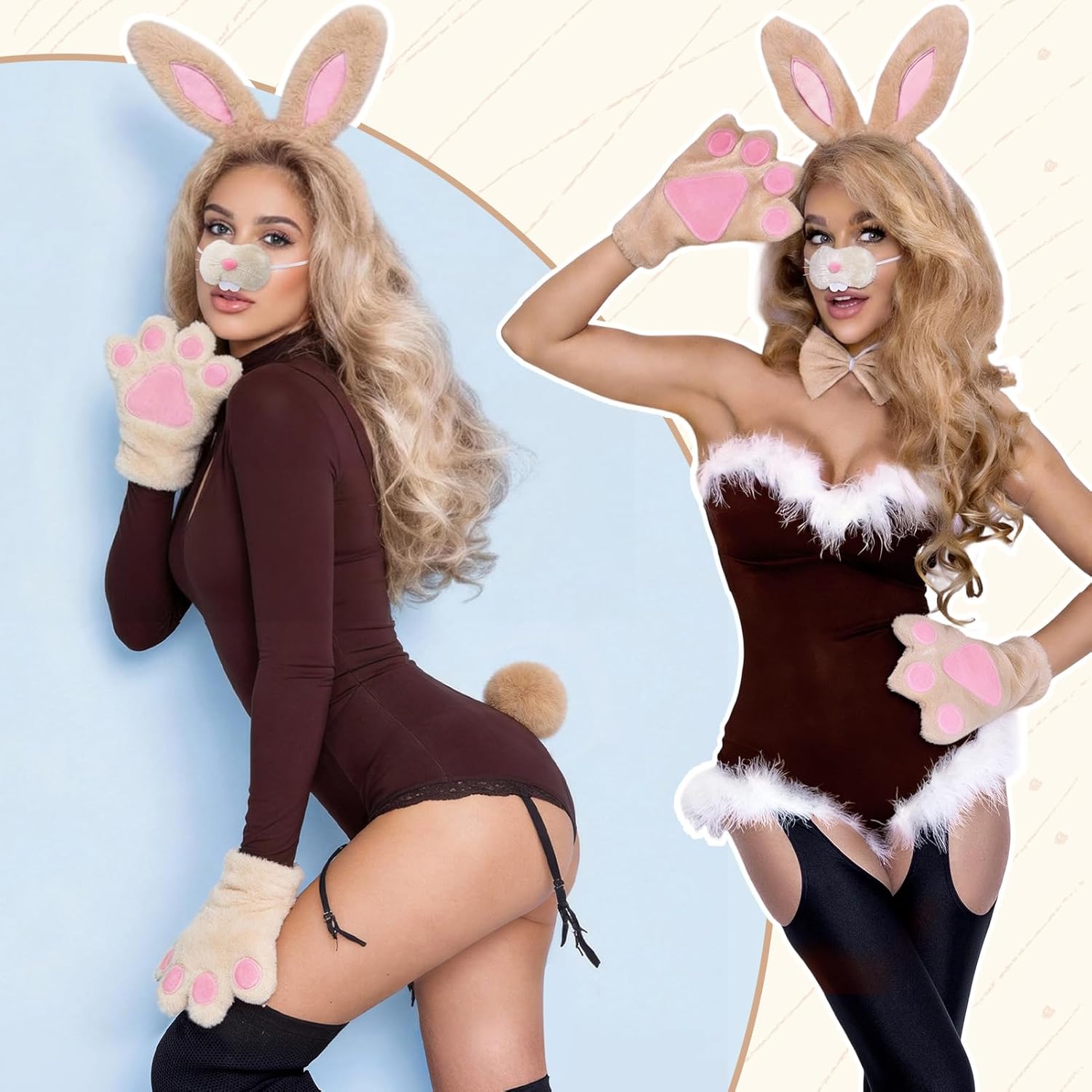 Bunny Costume Set Tan Brown 5 PC Easter Bunny Ears Nose Tail Bow Tie Gloves Cosplay Party Accessories Adults Women - Image 5