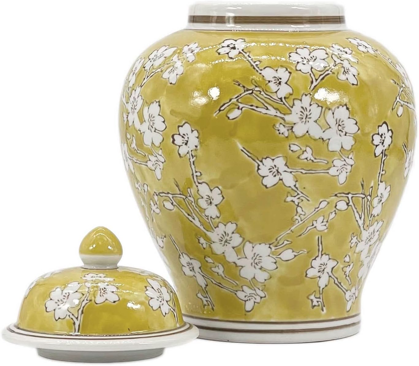 Galt International Yellow and White Floral Chinoiserie Jar 12" w/Lid - Ginger Jar, Tea Storage, Decorative, Home Décor Vase