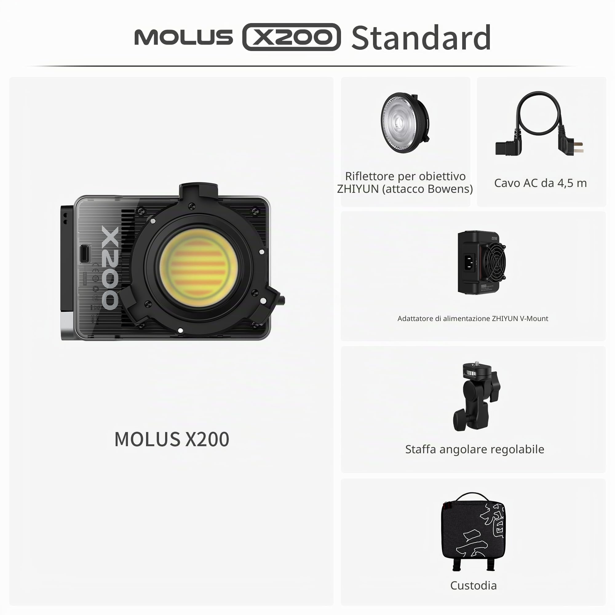 ZHIYUN MOLUS X200 Bi-Color Standard 200W Luce Video [Ufficiale] Illuminazione Portatile Continua Illuminazione Fotografica Professionale, con APP Control, Bowens Mount, 2700K~6500K/CRI≥95/TLCI≥97,800g