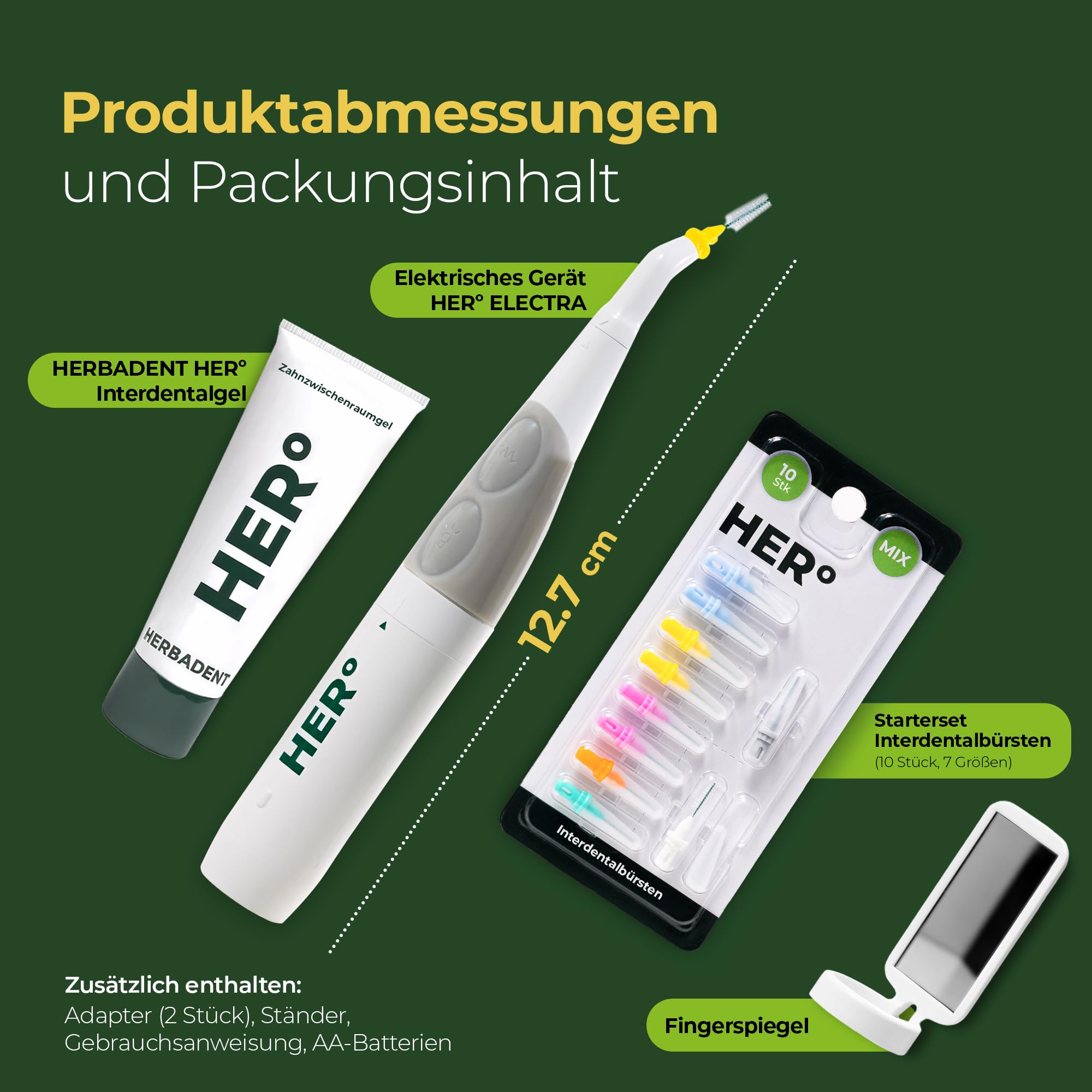 HERo ELECTRA Interdentalbürsten Set-Vibrierende Zahnzwischenraumbürsten mit LED-Licht und Spiegel -11 Wechselbürsten 2 Adapter, Kräuter-Interdentalgel auch für Implantate, Zahnspange