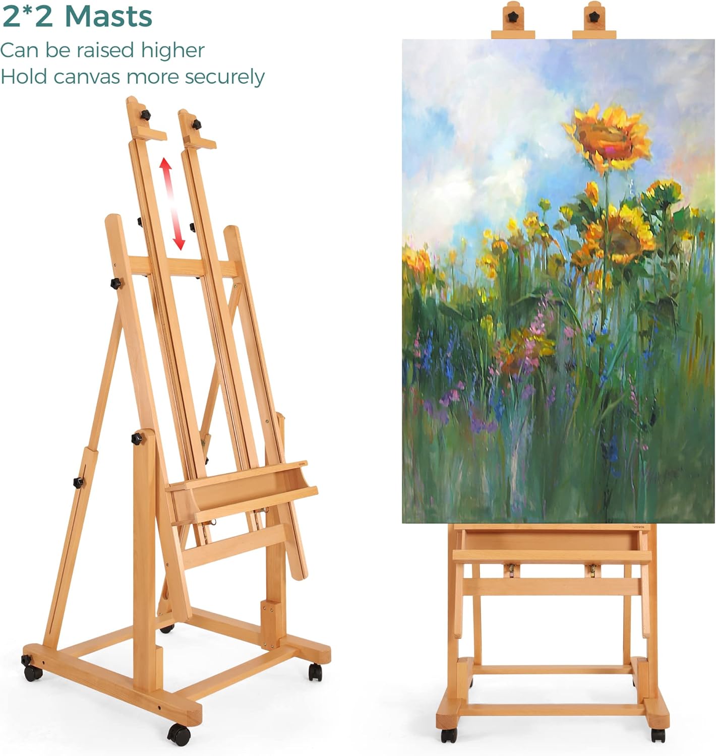 VISWIN Double Mast Heavy-Duty H-Frame Easel, Hold Canvas up to 83", Tilts Flat & Movable, Adjustable Beech Wood Large Easel Stand for Painting with Storage, Professional Art Easel for Adults, Artists