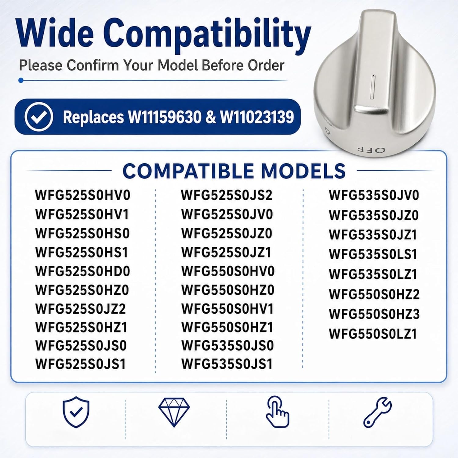 Upgraded W11159630 W11023139 Stove Knobs Replacement for Whirlpool Gas Range Stove Knobs WFG525S0HS0 WFG550S0HZ2 WFG525S0JS1 WFG525S0JS0 WFG525S0JS2 Gas Stove Burner Control Knobs Parts 5 Pcs Silver