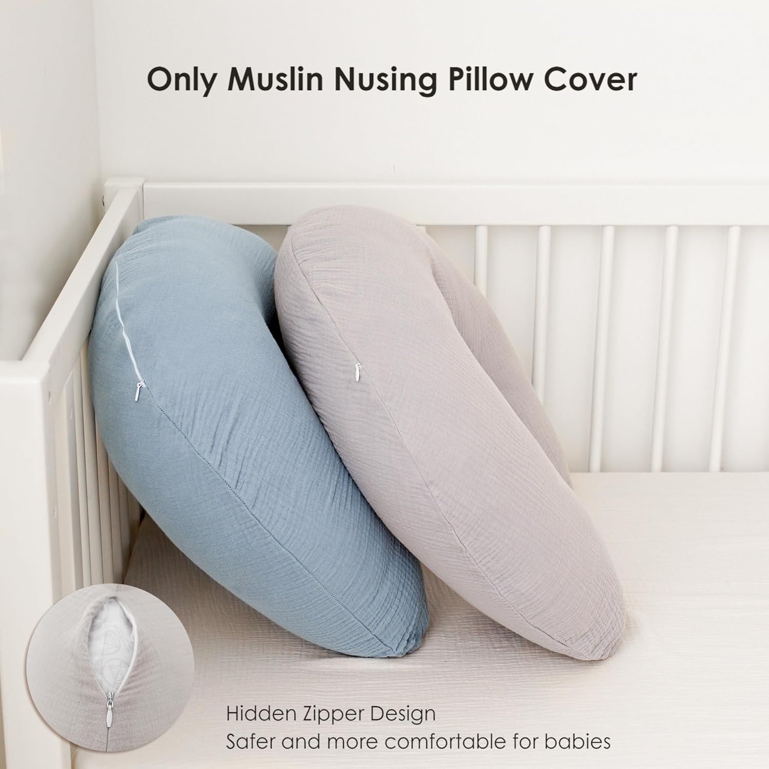 2-Pack Muslin Nursing Pillow Covers, Breathable 100% Cotton Breastfeeding Pillow Slipcovers for Standard Nursing Pillows, Soft Covers for Baby Girls and Boys with Zipper Misty Blue image 3 of 7 B0DQCH8H66