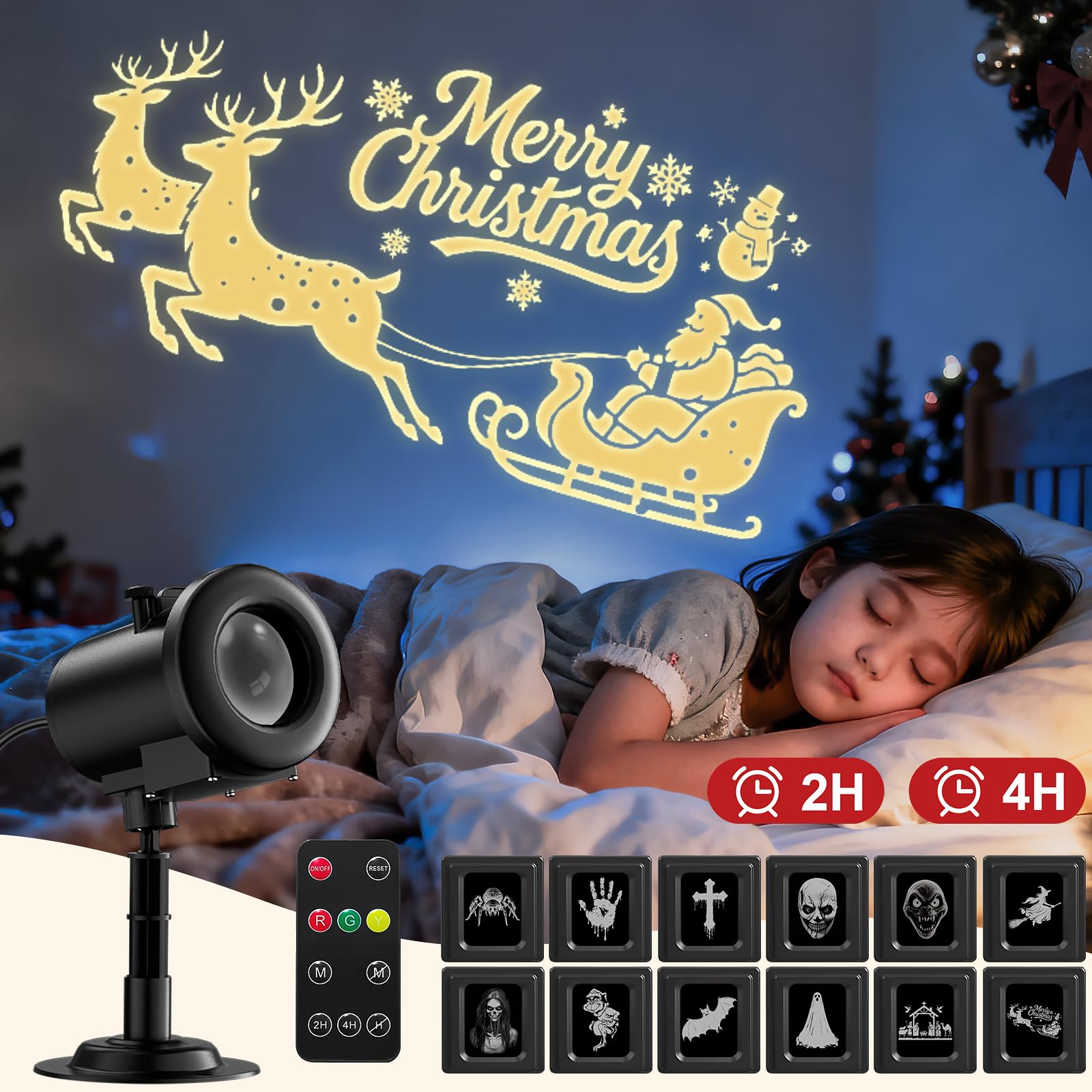 Weihnachten Deko Outdoor Innen,3D Dynamische Halloween Projektor, Wasserdicht LED Projektionslampe mit Schlitten,Jesus,Schädel,Fledermaus für Wand Friedhof Fenster Garten Hof Party Deko Projector