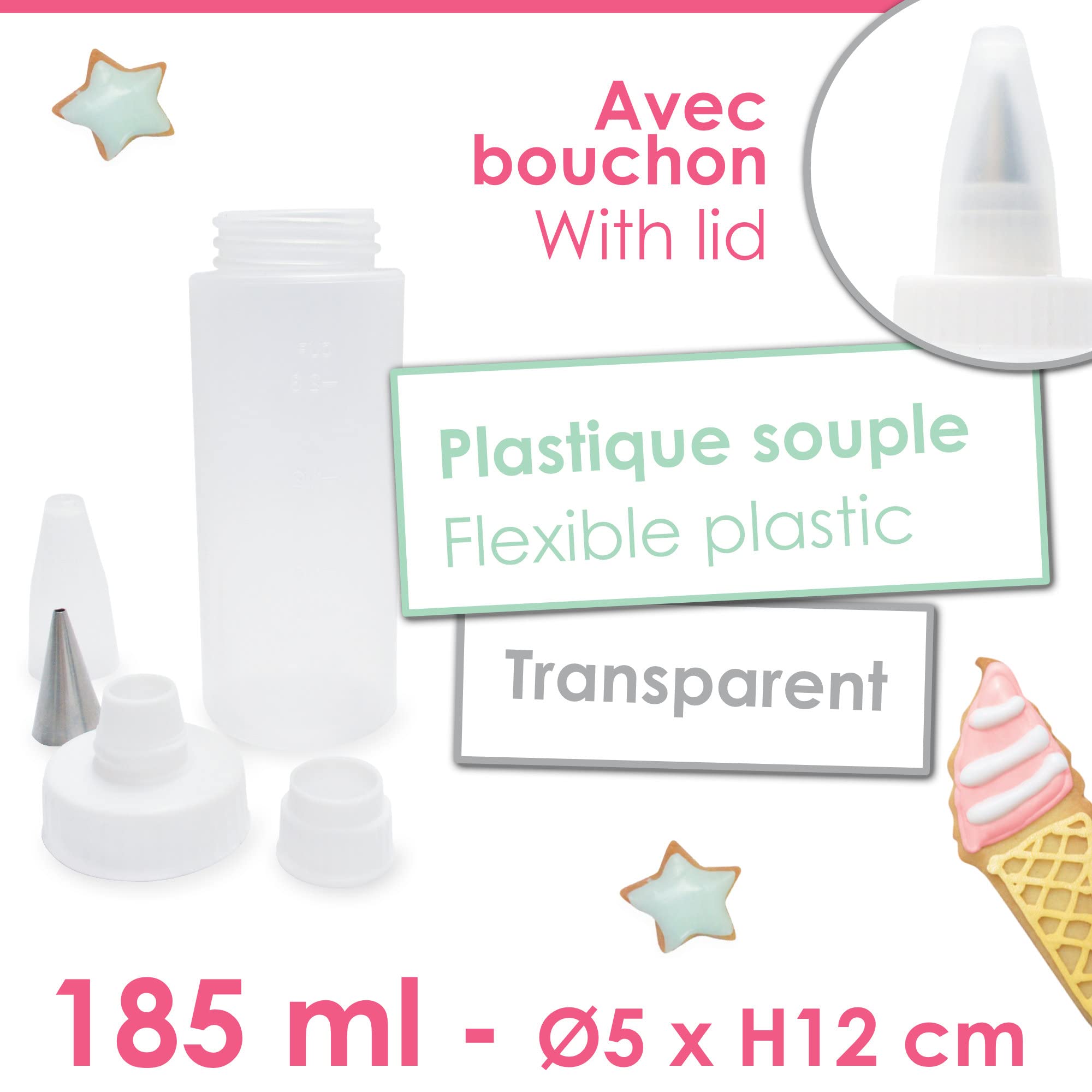 ScrapCooking - Zestaw 2 butelek do squeezerów + nasadki 185 ml - Do lodów ciast, ciasteczek, piaskowania, deserów - sosów czekoladowych - Elastyczne tworzywo spożywcze - Butelka kuchenna - 5165