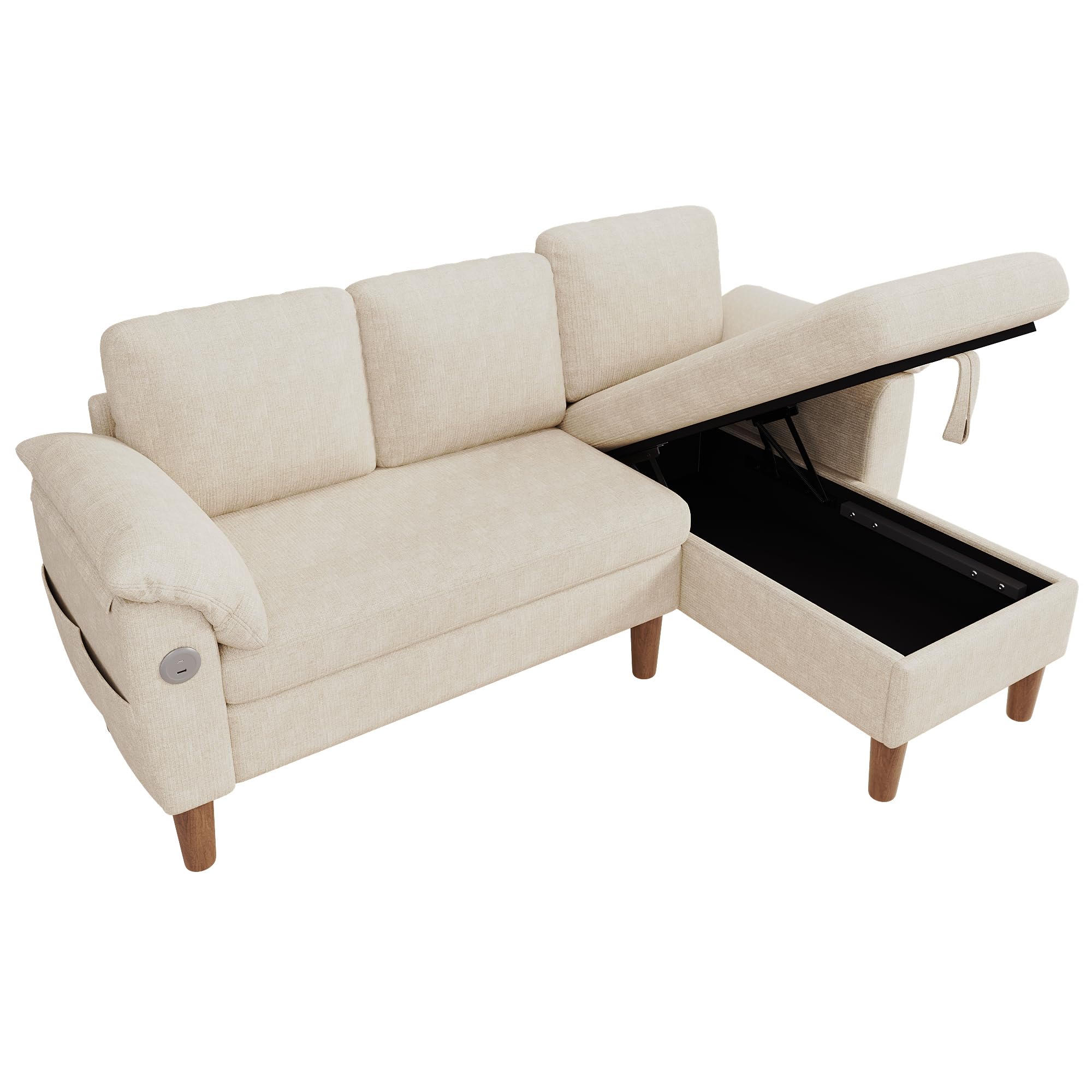 Divano angolare a forma di L, divano a 3 posti con chaise longue, montaggio a sinistra/destra, tasca laterale, 2 cuscini per braccioli semirigidi, tessuto di ciniglia, beige