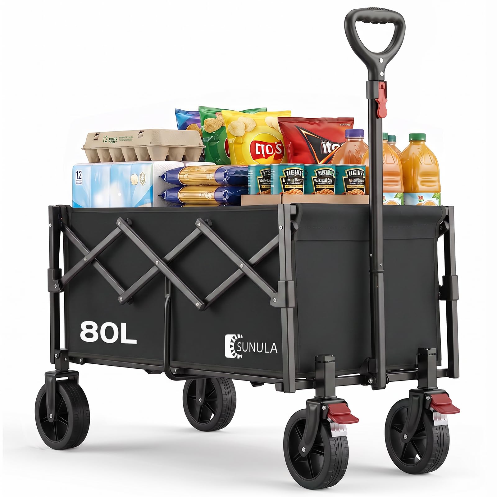 SUNULA Bollerwagen Faltbar Klein 80L, Handwagen Geländegängig mit Bremsen | Leichter Faltbollerwagen mit halbiertem Eigengewicht, Faltbarer Handwagen 100KG, ideal für Einkauf, Camping, Garten, Schwarz