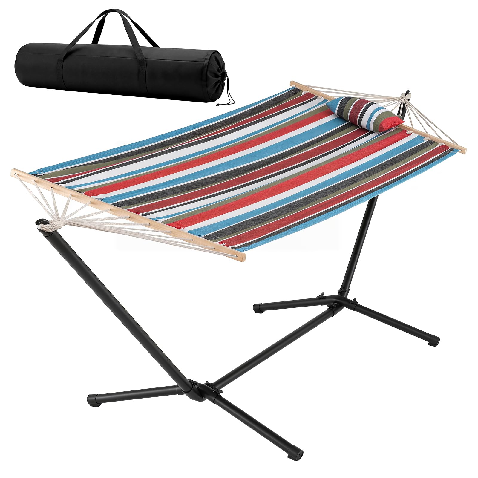 COSTWAY Amaca da Giardino con Supporto in Metallo, con Cuscino Rimovibile | Amaca da Esterno Portatile in Telo Cotone con Borsa, 200 kg, per Spiaggia, Campeggio e Terrazza