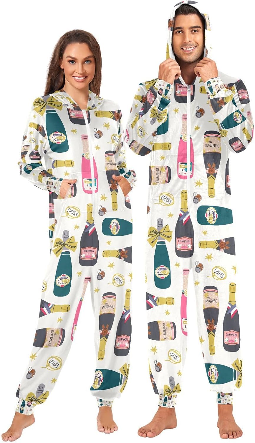 QUGRL Adult Onesie Pjs for Women Bottles Of Champagne One Piece Pajama for Men Wine Bottle Unisex Sleepwear Homewear Overnight Costume X-Large