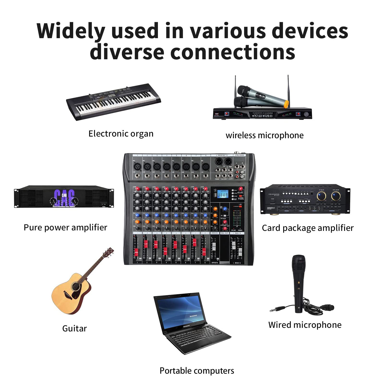 Mischpult 8 Kanal Stereo Live Mischpulte, Audio Mixer 8 Kanal Musik Mixer, DJ Mischer Board Karaoke Mischpult Audio Interfac with Bluetooth MP3 48V Phantomspeisung FX Analoge Digitale Effekte