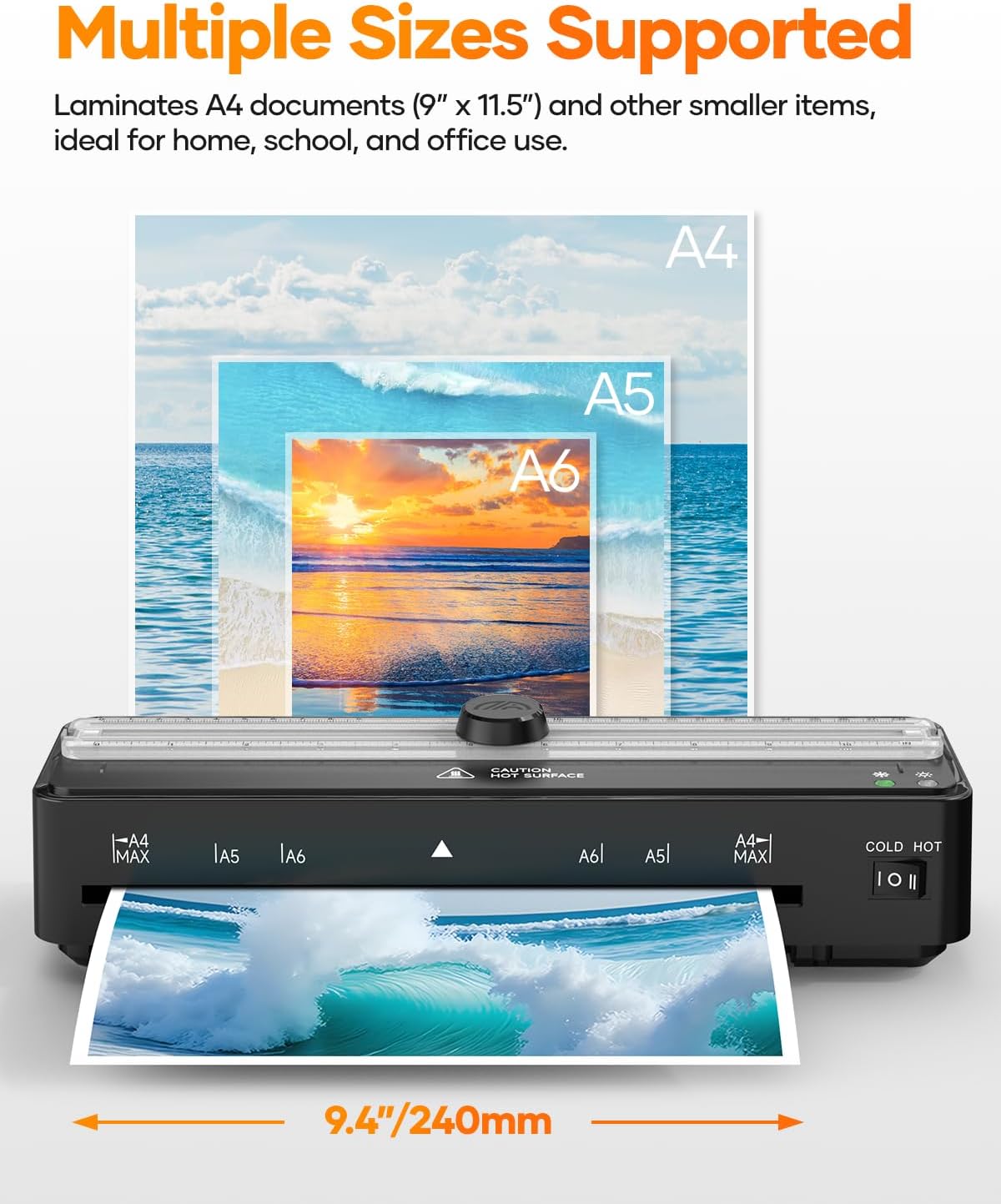 Laminator with built-in paper cutter in use, showing a hand sliding the cutter knob