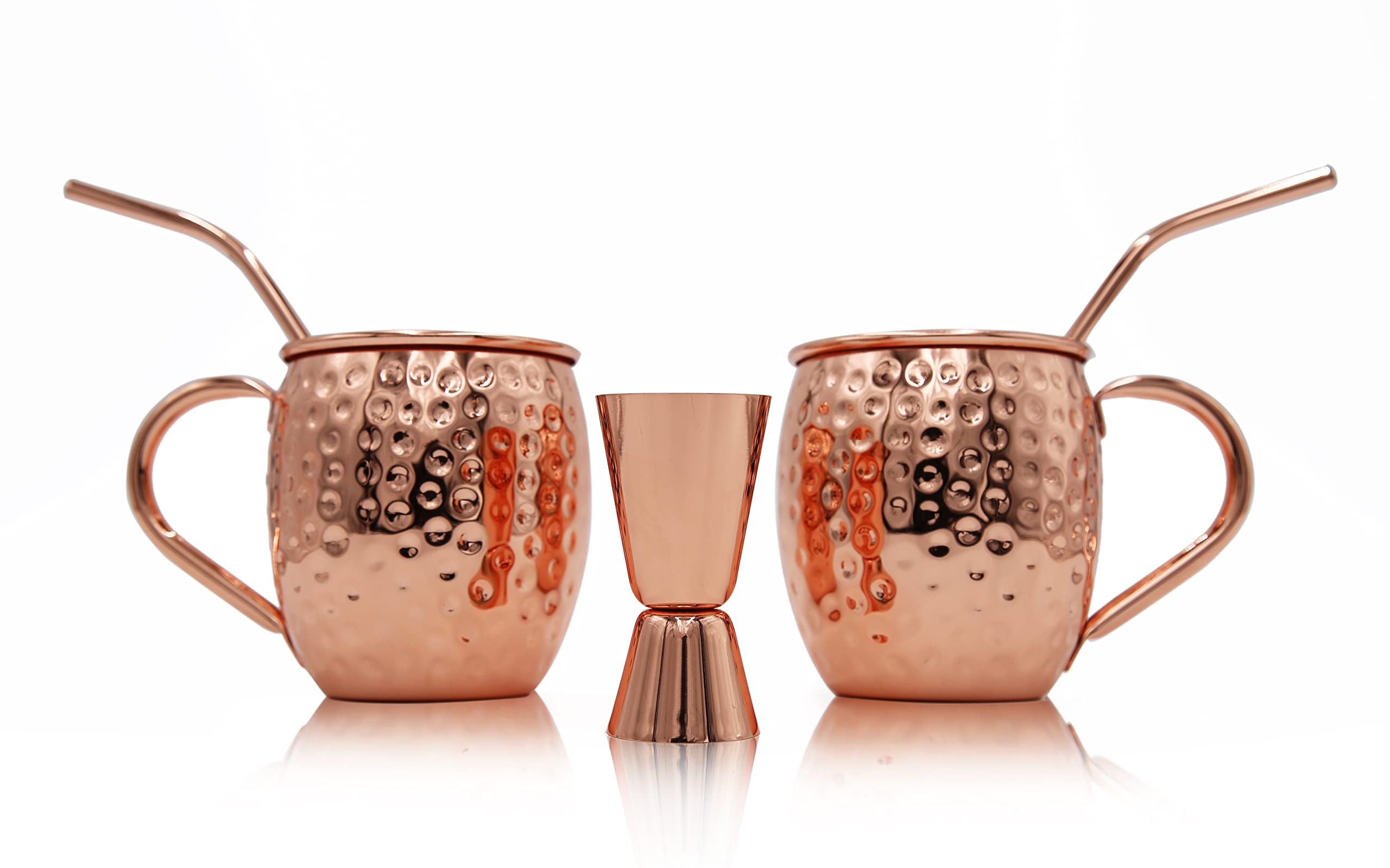 Copper, Silver Nubar Moscow Mule Cocktail Set - Set Of 2 Premium Copper Mugs With Copper Jigger And Straws - Reusable Barware And Bartender Set