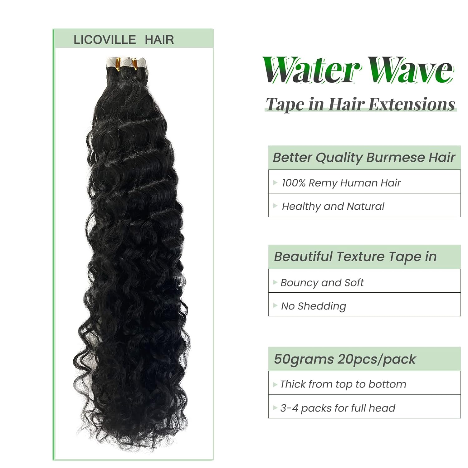 Tape in Hair Extensions Long Curly Wave Black Hair Extensions Tape in Human Hair 18 Inch Double Sided Invisible Water Wave Tape in Extension #1B Natural Color 50grams 20pcs