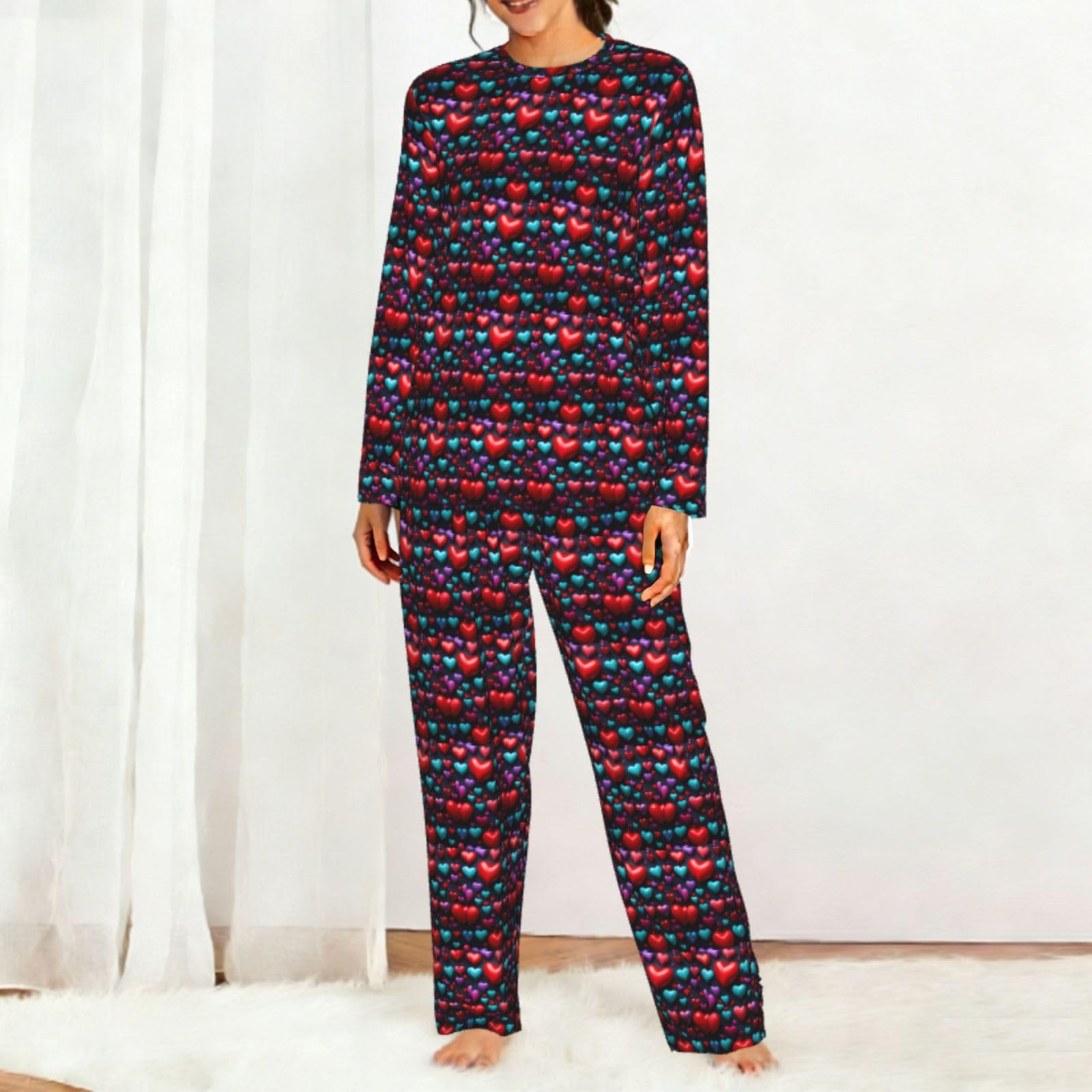 Romantico Cuore Rosso Stampa Delle Donne Maniche Lunghe Pigiama Set Morbido Confortevole Lounge Elastico Sleepwear
