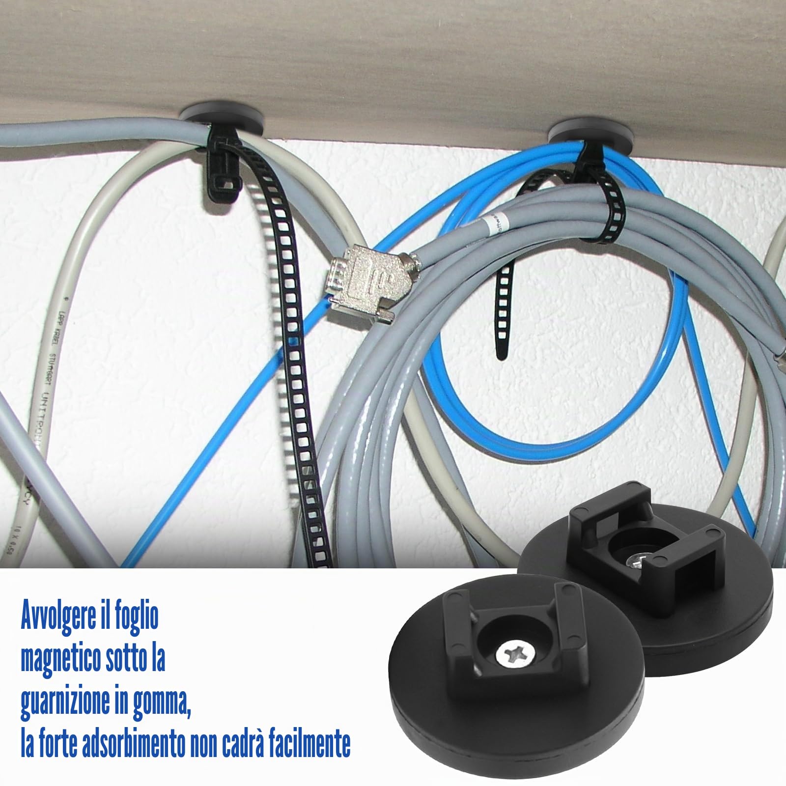 20 supporti magnetici con fascette per cavi - Base da 43 mm - Supporto magnetico per cavi per l'organizzazione dei cavi - Forza di trazione 8,5 kg