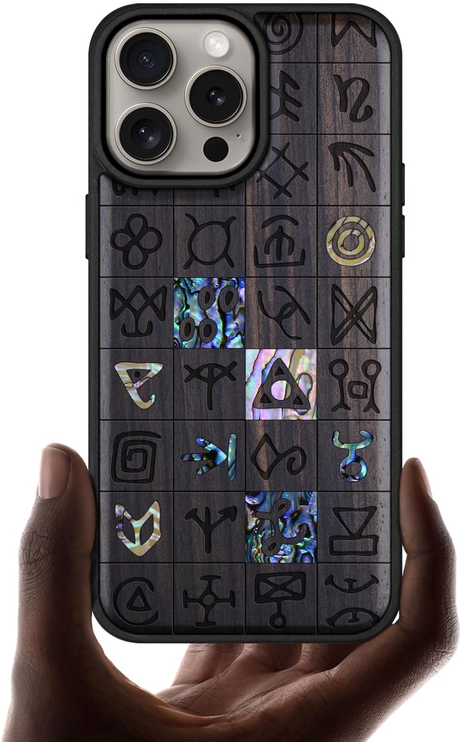 Carveit Wooden Case for iPhone 15 Pro Max Magnetic Case, Compatible with MagSafe Wireless Chargers, Shockproof Cover, Handmade Shell Inlaid & Wood Artisan Engraved (The Medusa Enigma) Cherry