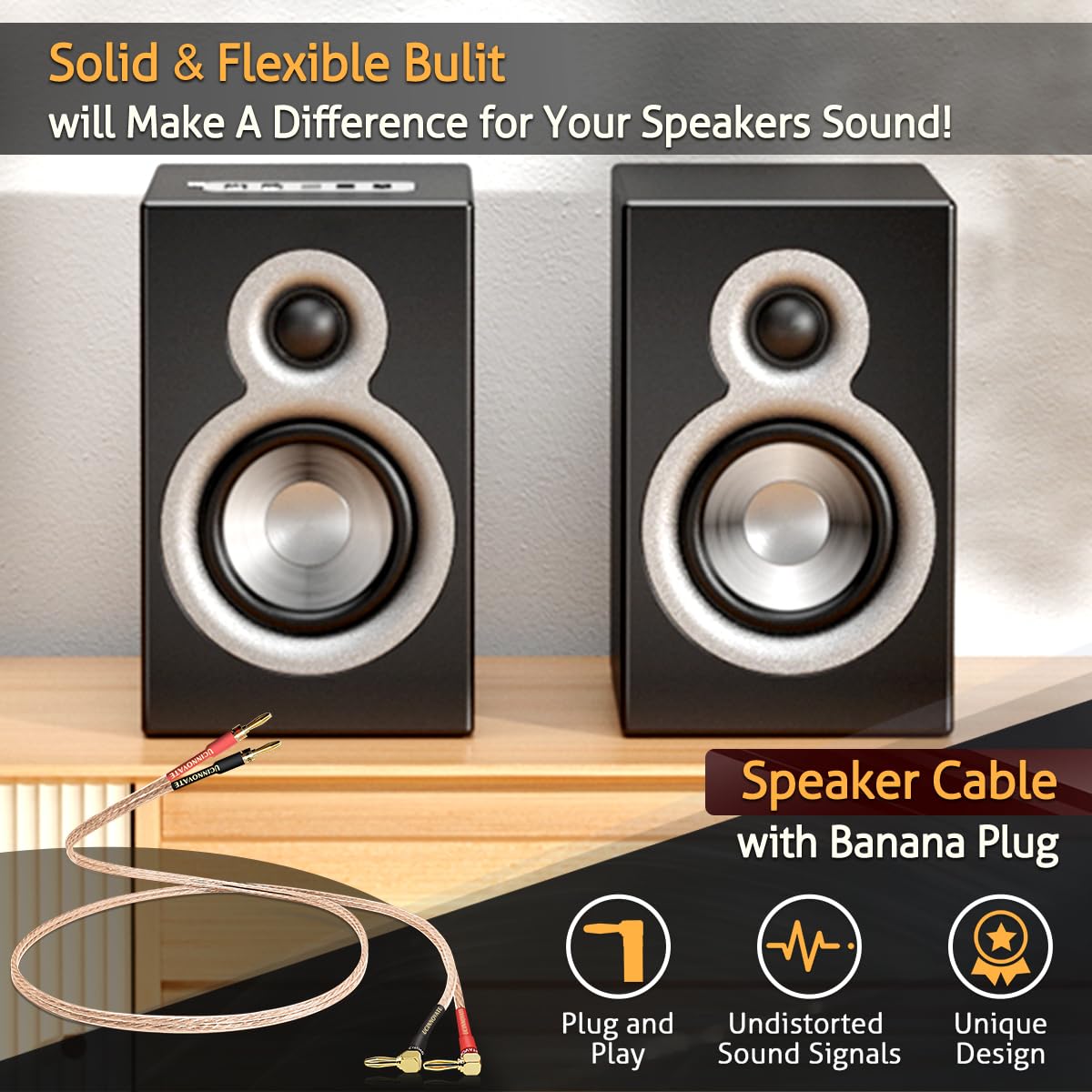 UCINNOVATE Confezione da 2 cavi per altoparlanti da 13 AWG con connettori a banana, 2 cavi per altoparlanti HiFi da 2 m con connettori a banana ad angolo retto placcati in oro da 4 mm, cavo audio