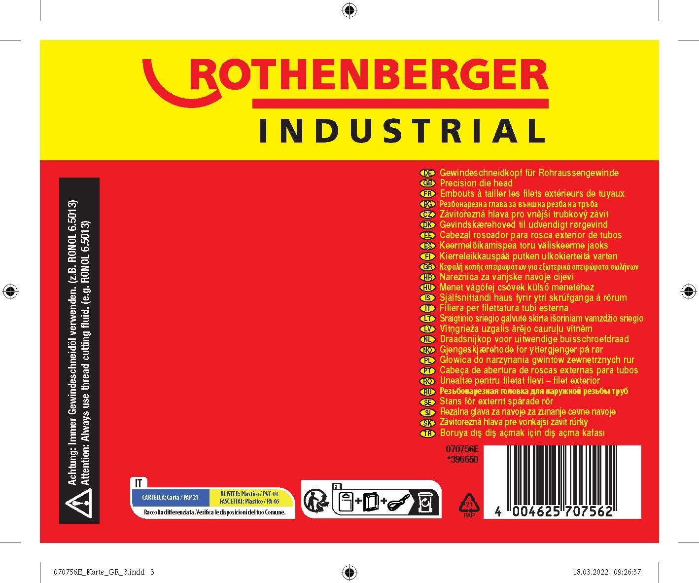 ROTHENBERGER Testa di taglio filettata Ø 1/2" per filettatura conica 070756E