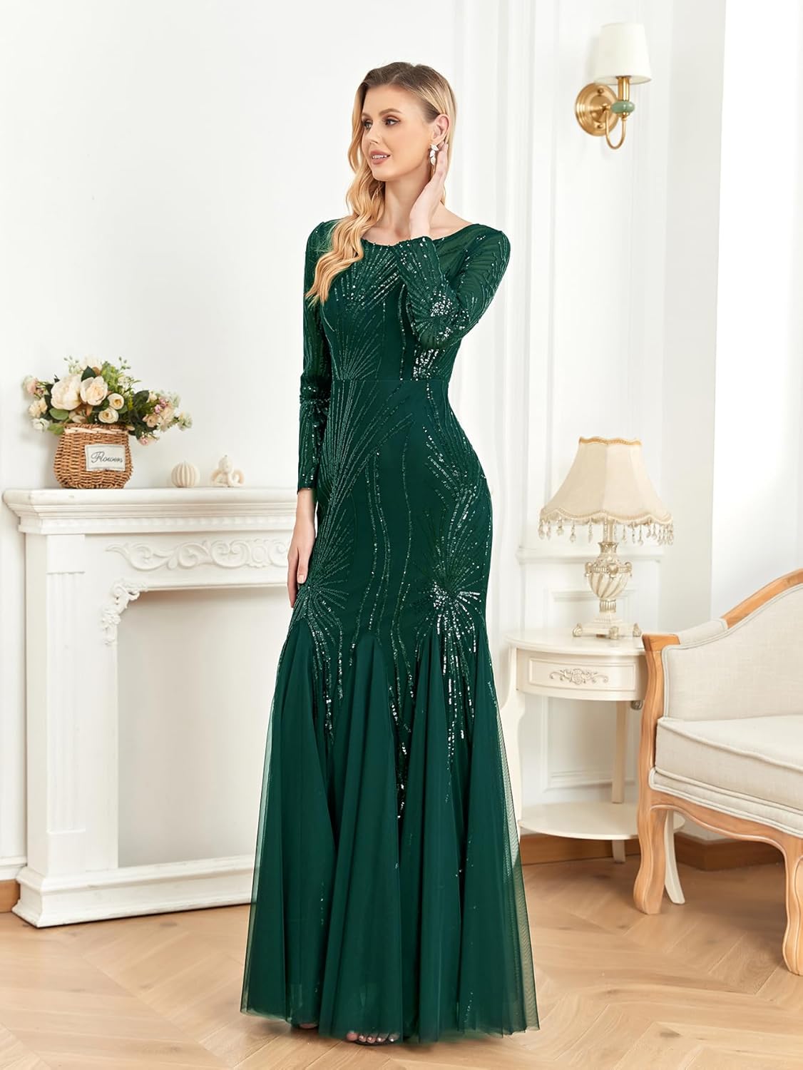 Long Sleeve Sequin Evening Dress Glitter Mermaid Long Gown for Mother of The Bride Or Wedding Guest - Image 6
