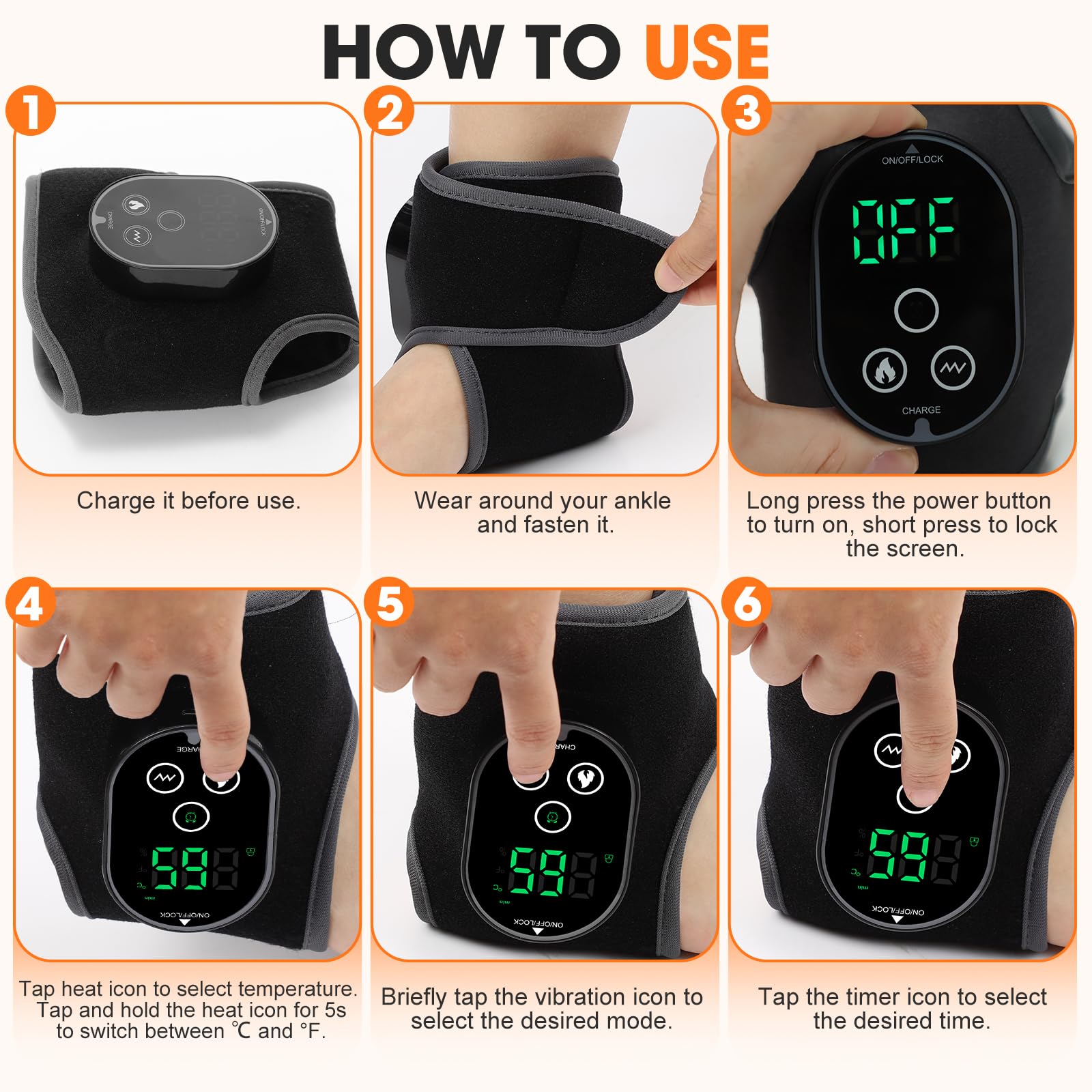 Almohadilla Térmica Para Tobillo Inalámbrica con Masaje Vibratorio, 4 Niveles Calor, 3 Modos Vibración, Batería 3000mAh