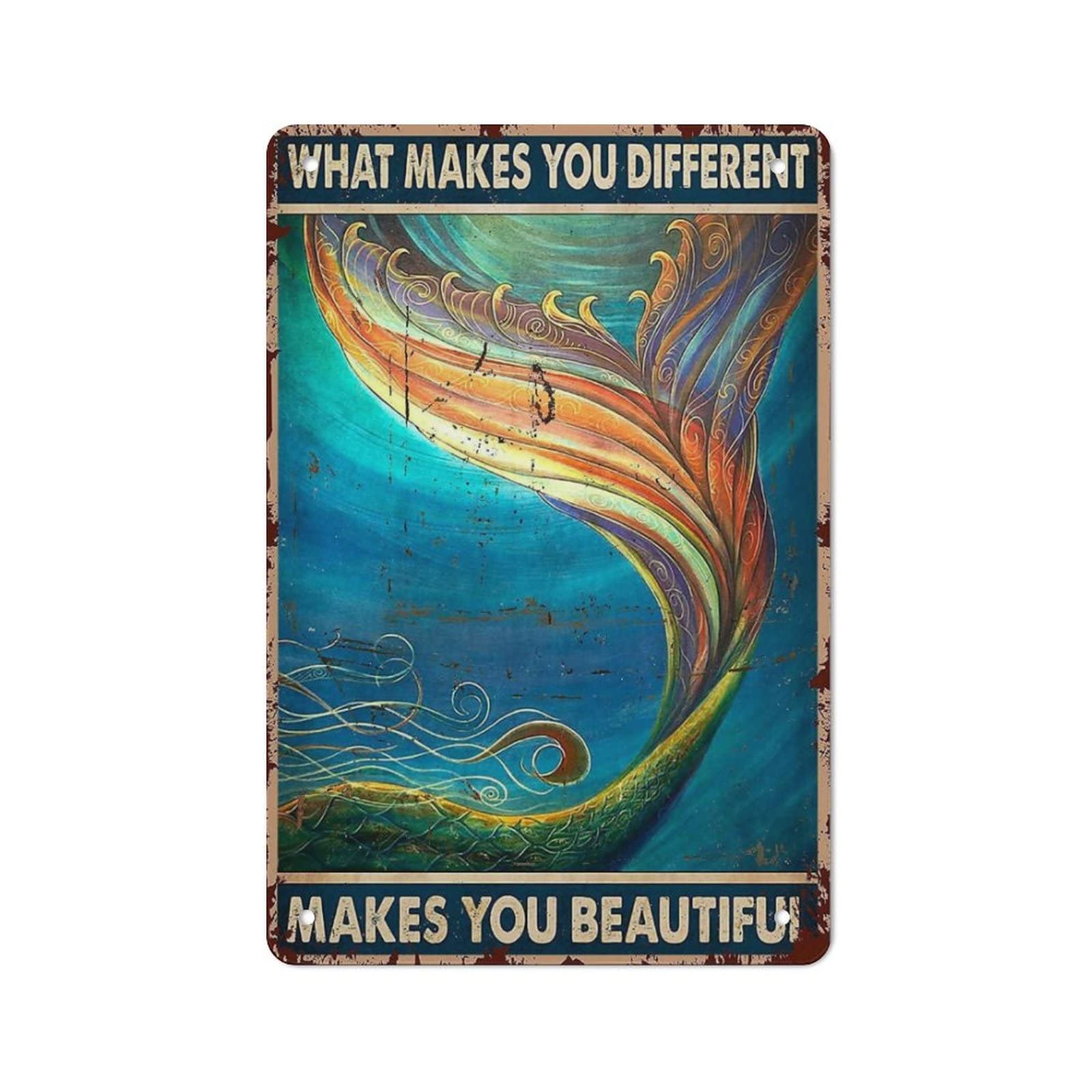 DJNGN Vintage Metal Sign What Makes You Different Makes You Beautiful Mermaid Tin Sign Iron Painting Kitchen Bathroom Garage Bar Cafe Man Cave Wall Home Decor Art Poster Outdoor Plaque Novelty Gifts