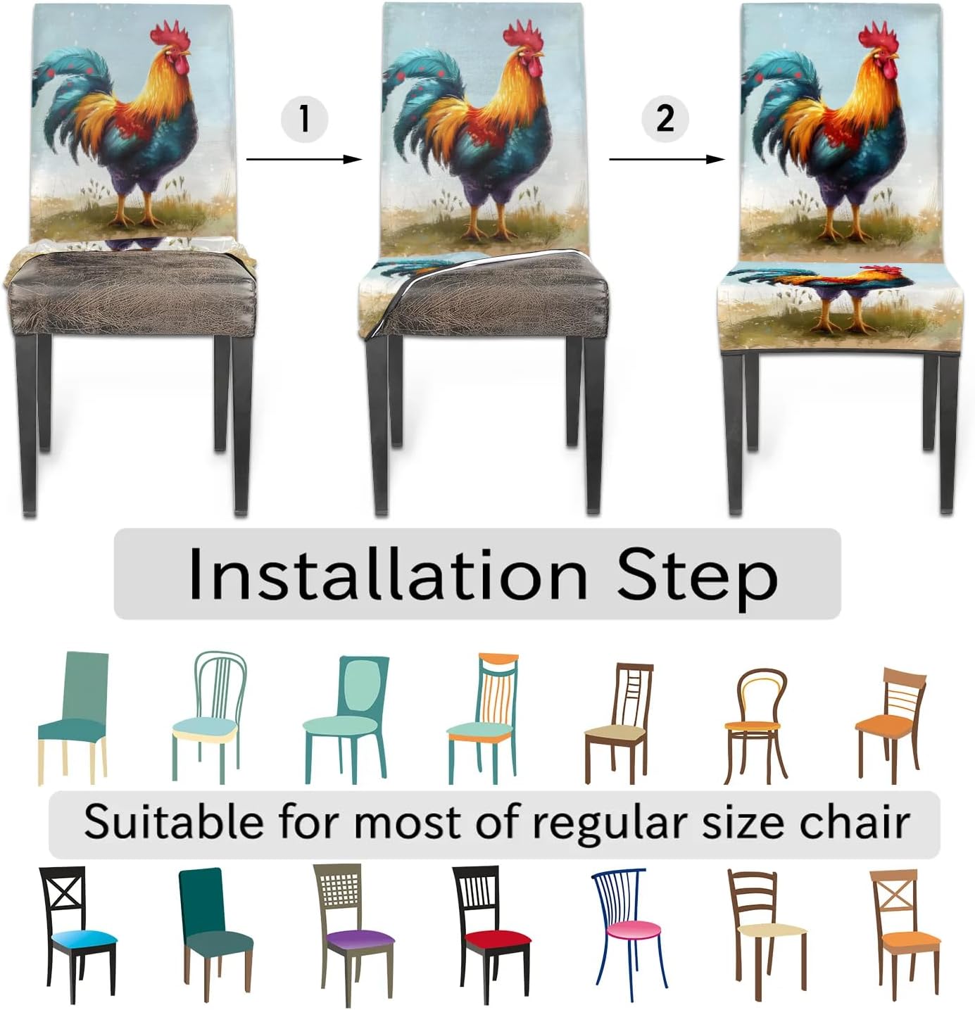 Rooster Dining Room Chair Covers 4 Pack Stretch Chair Seat Cover Kitchen Seat Parson Chair Slipcover Removable Washable Chair Protector Decor for Banquet Restaurant